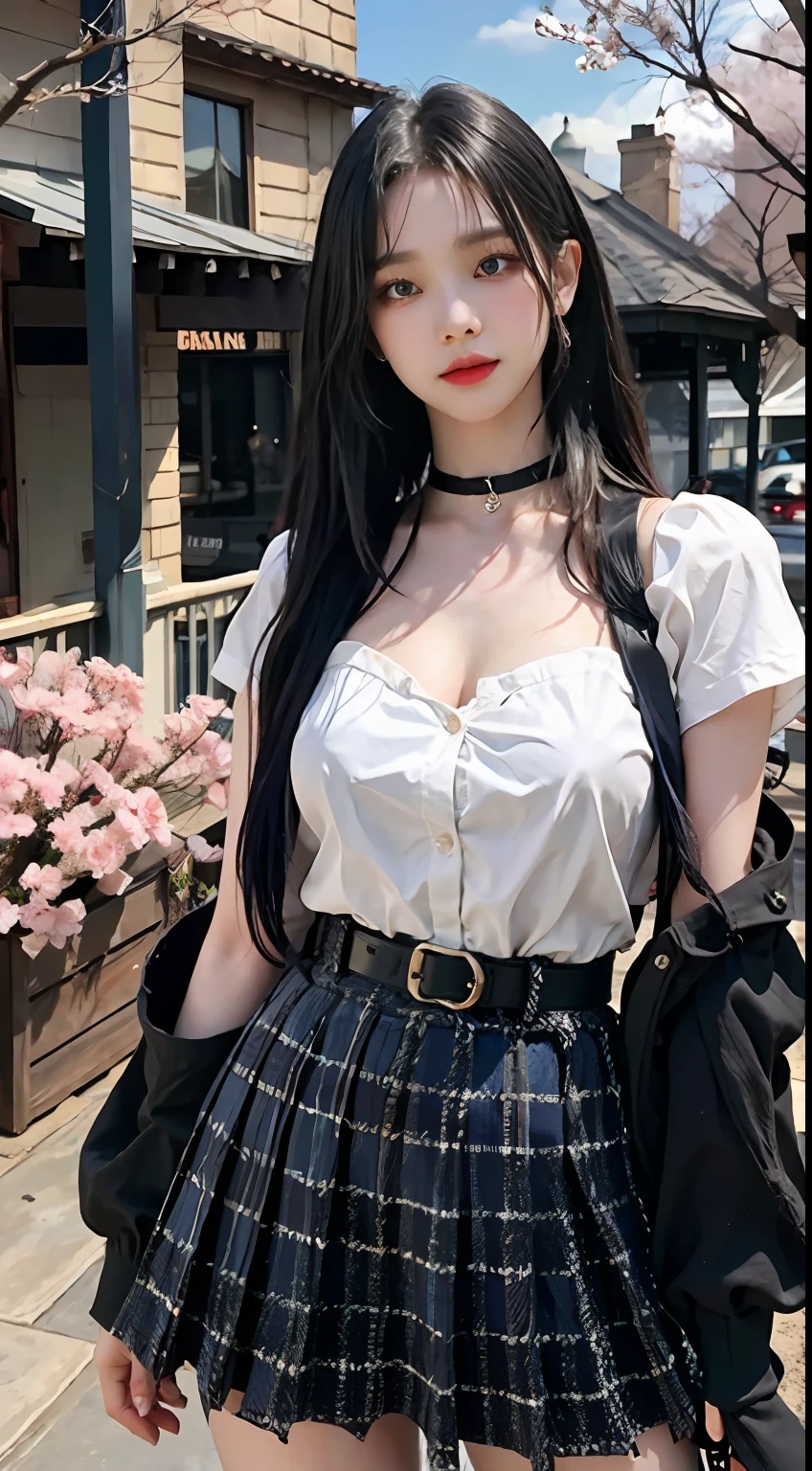 masterpiece, best quality, full body,
1girl, bangs, black choker, black necktie, blonde hair, blue skirt, blush, bracelet, gigantic breasts, choker, clothes around waist, collarbone, collared shirt, cowboy shot, dress shirt, ear piercing, eyebrows visible through hair, gradient hair, grin, gyaru, jewelry, kogal, long hair, looking at viewer, loose necktie, necktie, piercing, plaid, plaid skirt, pleated skirt, red eyes, ring, school uniform, shirt, skirt, smile, solo, white shirt,
street, sky, cherry blossoms, petals,illustration, (magazine:1.3), (cover-style:1.3), fashionable, woman, vibrant, outfit, posing, front, colorful, dynamic, background, elements, confident, expression, holding, statement, accessory, majestic, coiled, around, touch, scene, text, cover, bold, attention-grabbing, title, stylish, font, catchy, headline, larger, striking, modern, trendy, focus, fashion,