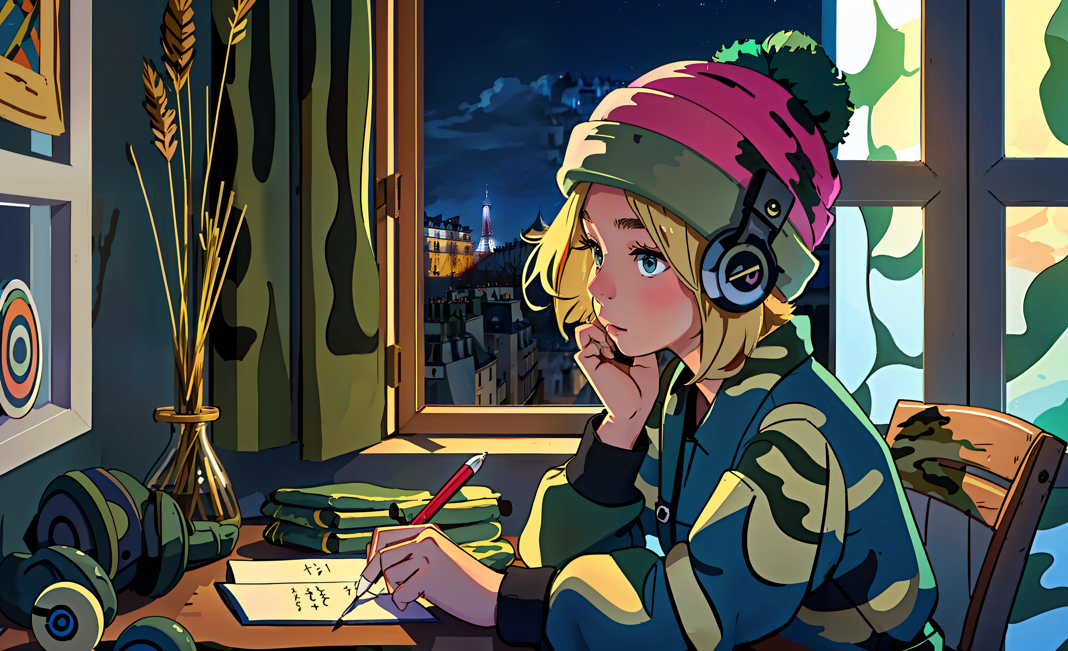 lofistudy, 1girl, writing, sideways, serene/(pokemon\), blonde hair, short hair, headphones, beanie, camouflage uniform, window, Paris background, night