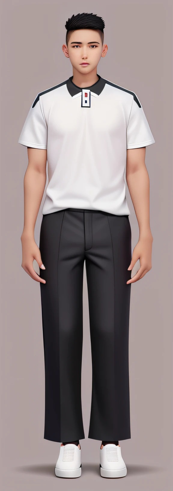A male high school student，brush cut，Wear a short-sleeved shirt，The shirt has a black neckline，Black sports trousers，black sneaker shoes