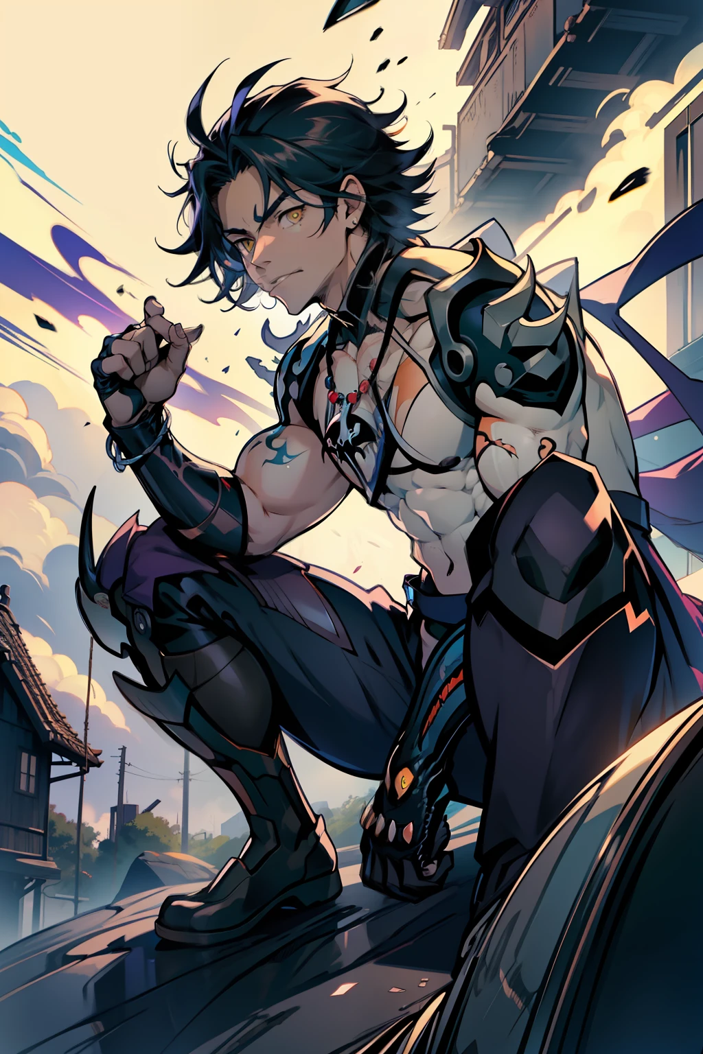 《the original god》Arataki Kazuto , male people,,((Masterpiece)), ((Best quality)), Ultra detailed,((illustration)), Dynamic Angle, Detailed light, (Delicate eyes), Floating, 1boy, Male focus, Head, Clothing, Yellow eyes, necklace, tattoo, (Forehead:0.8), (ahoge:0.8), jewelry, apathy,Ray, chest muscle, Sexy , Venom symbiote for your body, Black mucus of the body , (into venom), Venom,frontage,style of anime4 K, 4K anime wallpaper, Badass anime 8 K, 4 k comic wallpaper, young anime man, Anime boys, Anime wallpapers 4 k, Anime wallpaper 4K, High quality anime art style, Anime moe art style, Anime art wallpaper 8 K, Anime art wallpaper 4 K, RGB lighting