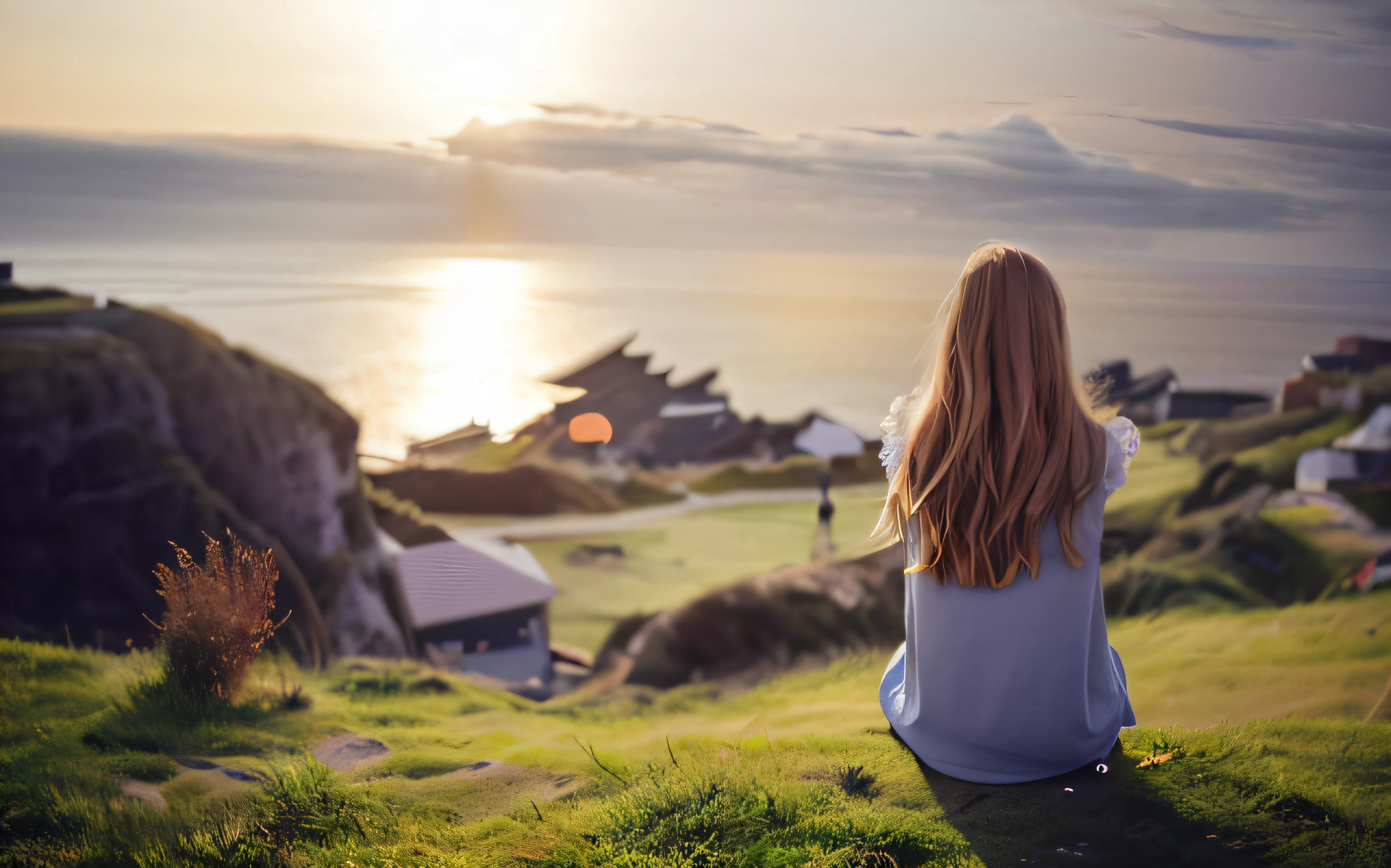 A woman sitting on a mountain looking out at the sea, girl watching sunset, beautiful girl on the horizon, looking out at a sunset, Overlooking the sea, Pixabe, watching the sunset, looking at the ocean, girl looking at the ocean waves, beautiful lonely girl, Beautiful views, author:Kurt Roesch, looking towards the horizon, At sunset, Beautiful view