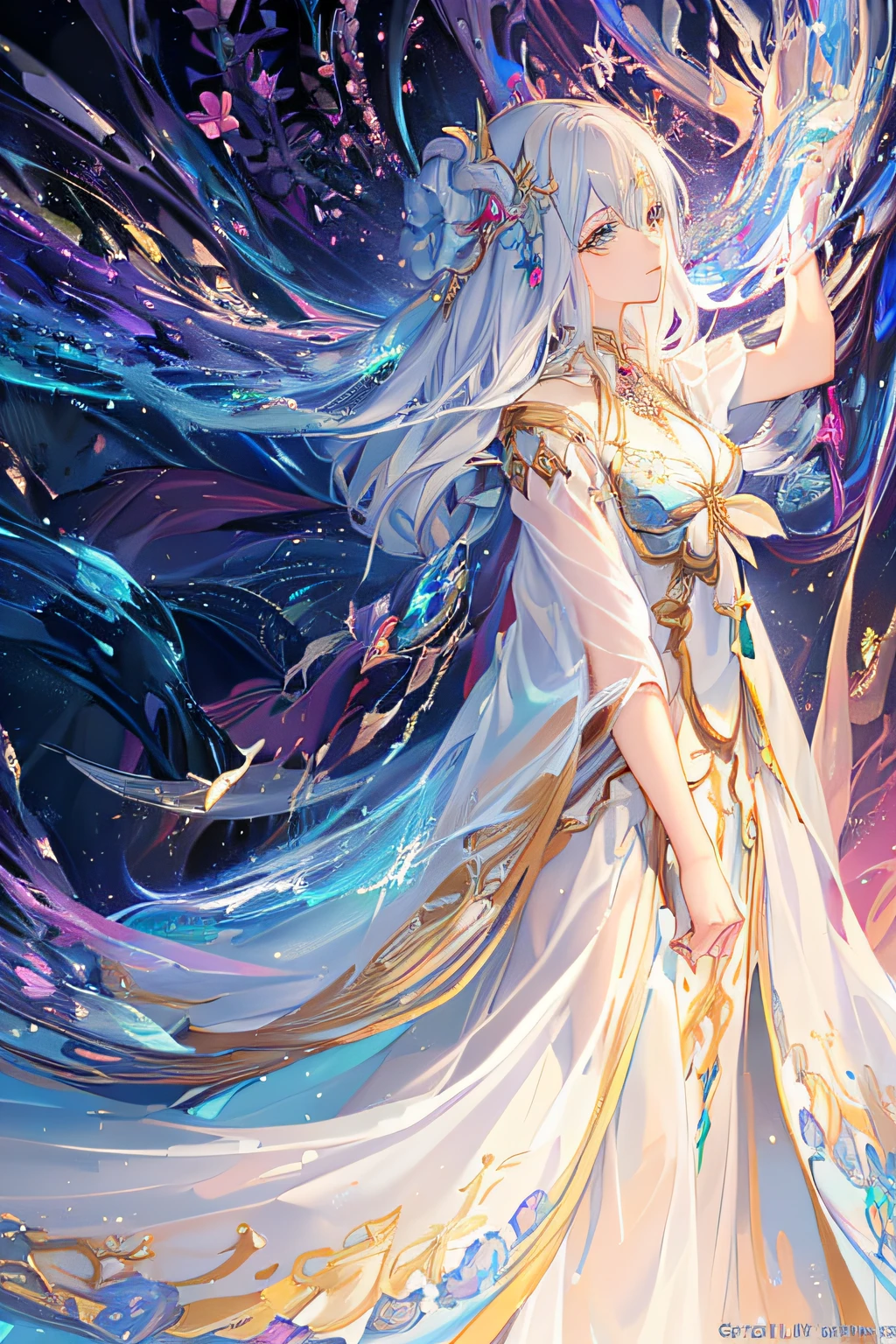 One in a long dress,A woman with long flowing hair, beautiful celestial mage,a beautiful fantasy empress,Anime fantasy illustration,beautiful fantasy anime,goddess of galaxies,white-haired god,anime goddess,Beautiful anime artwork,a beautiful fantasy empress,Beautiful anime art,Beautiful character painting,Anime fantasy artwork,Ethereal fantasy,flowing magical robe。