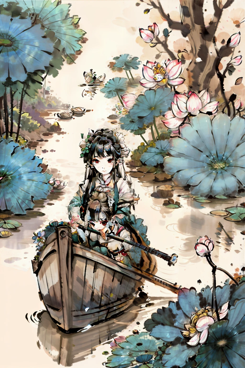 Costume girl,rowing,Lotus pond