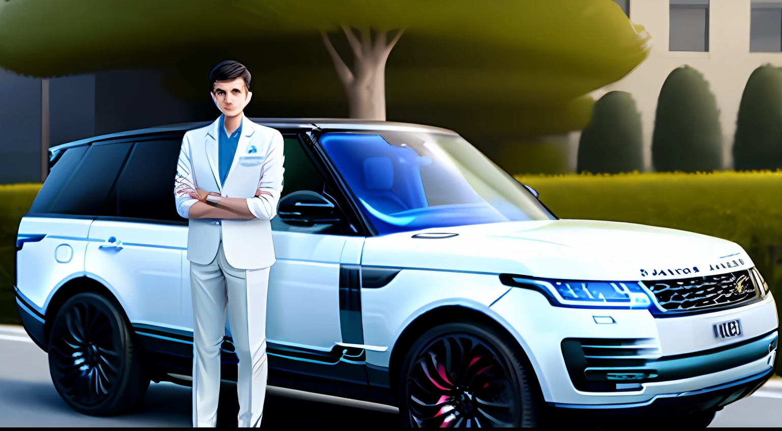 A young doctor wearing a Rolex watch stands next to a Range Rover