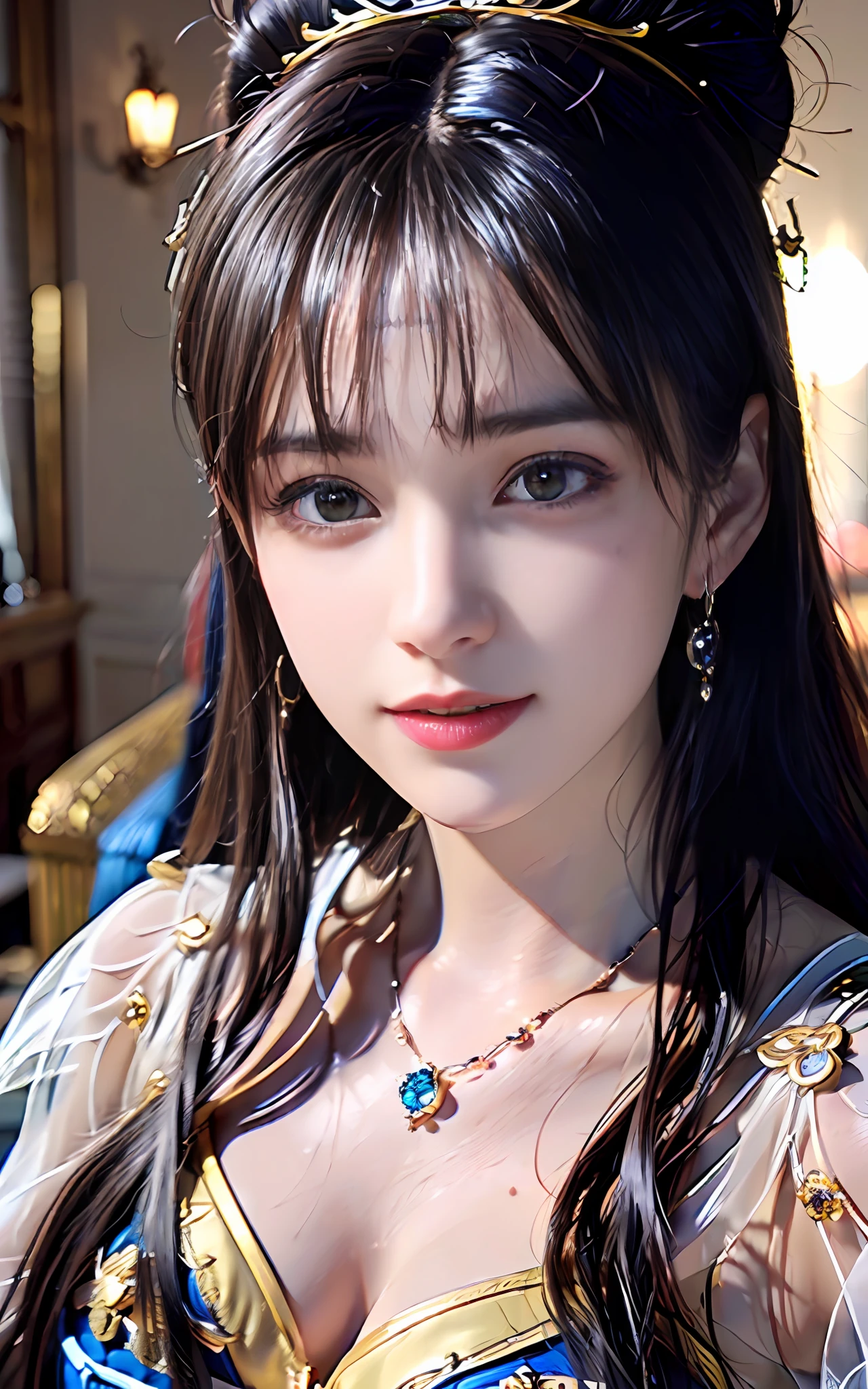 ((realisticity: 1.2)), ((best resolution: 8K UHD)), best quality,masterpiece,highres,cg,
((1 super detailed and super realistic girl)), ((very beautiful queen dazzling, super realistic, and super detailed)),((smooth, youthful, super realistic and super detailed skin)), long hair, ((super realistic and super detailed dress)), solo, ((super realistic, super beautiful, gorgeous and super detailed jewelry)), ((super beautiful, super realistic and super detailed dark blue and golden yellow dress)),
((super beautiful, super realistic, super detailed diamond filled earrings)),
((super beautiful, super realistic and super detailed diamond filled hair ornament)), ((super beautiful upper body, super beautiful, super realistic and super detailed)), ((big breasts: 2.5)),
((super grand, super realistic and super detailed royal palace backgroun))
((super beautiful, super beautiful, super realistic and super detailed hair bun)), ((super beautiful, super realistic and super detailed blue hair)),
candid, Photograph, high resolution, 8k,Bokeh,