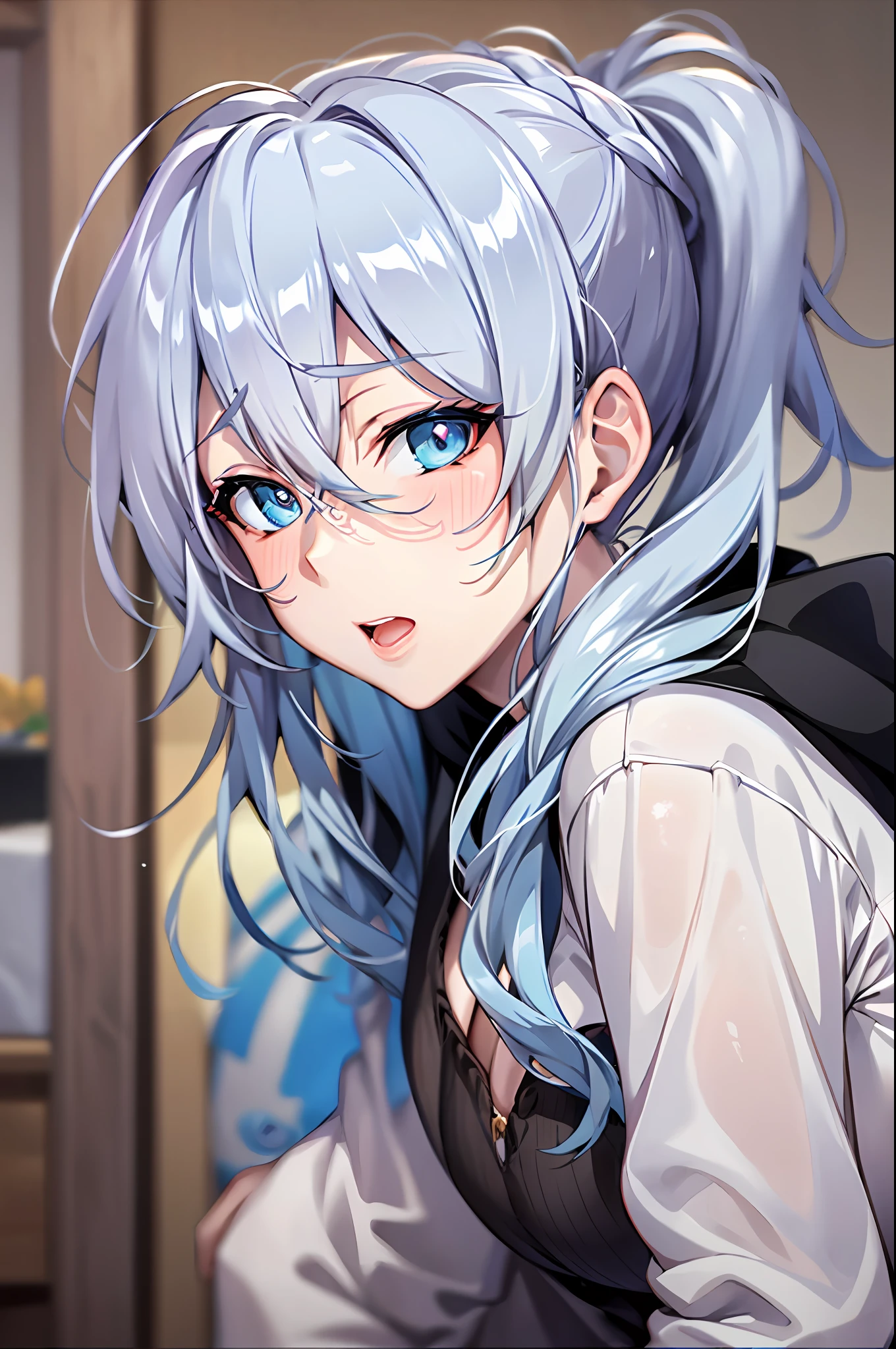 Yukino, Silver hair and  eyes in a black hoodie, anime visual of a cute girl, screenshot from the anime film, & her expression is solemn, ahegao face, in the anime film, in an anime, anime visual of a young woman, she has a cute expressive face, still from anime, perfect breast