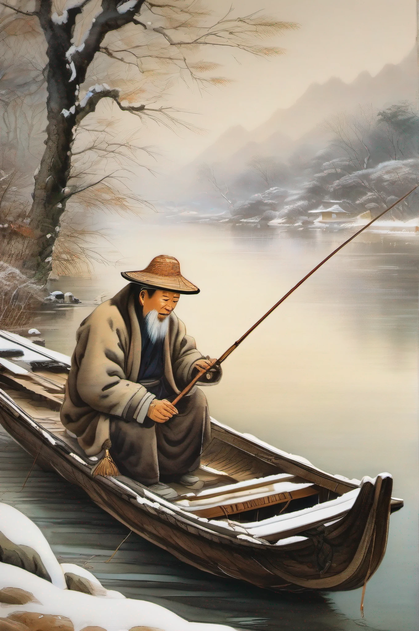 (ink and watercolor painting),(Chinese landscape painting,Heavy snow in winter),(An old man fishing on a boat, Dong Qichang super fine detail painting, Instagram, Chinese painting style, ink and watercolor painting , Traditional Chinese art, qi sheng luo, Traditional Chinese painting, Traditional Chinese Ink Painting, Chinese style painting, Chinese ink painting, Chinese painting, bo xun ling),(1 old man in a straw hat fishing in the river:1.4,Lonely boats,Fishing alone in the cold river snow),(White background,rich colours),(Defocus,Out of focus,softlighting,电影灯光,Skylight,hyper HD)