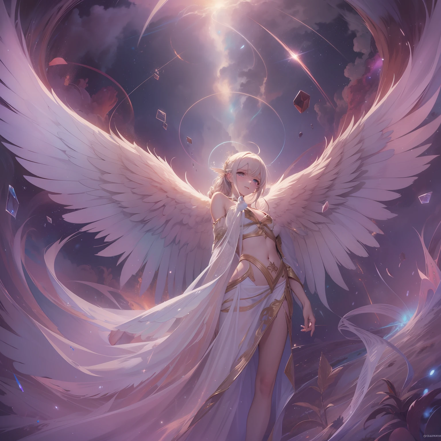 (masterpiece), (best quality:1.4), absurdres, [:intricate details:0.2], angel, angel wings, milky way, sky, shimmering aura, intense focus, crackling energy, mysterious symbols, sparkling motes,