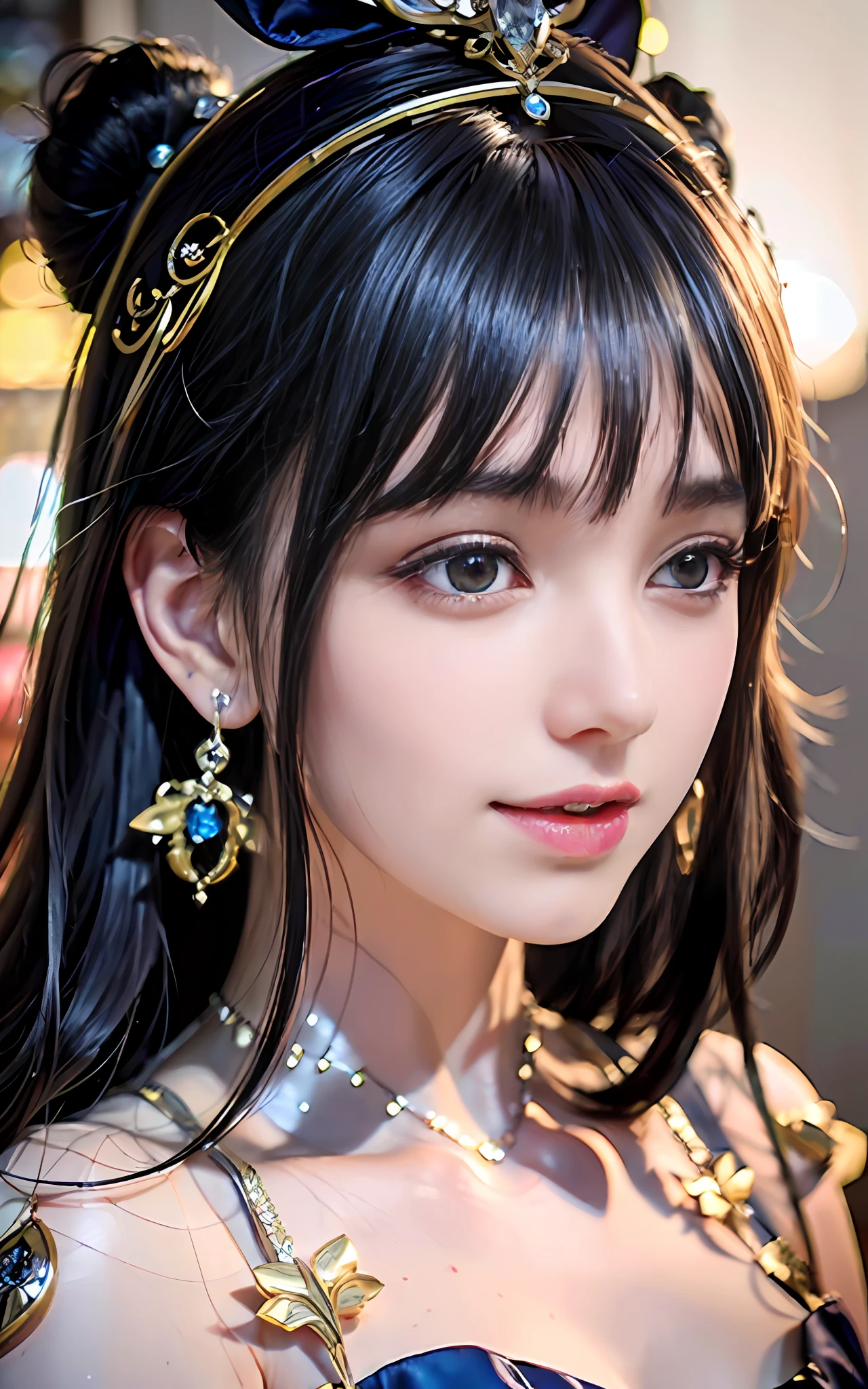 ((realisticity: 1.2)), ((best resolution: 8K UHD)), best quality,masterpiece,highres,cg,
((1 super detailed and super realistic girl)), ((very beautiful queen dazzling, super realistic, and super detailed)),((smooth, youthful, super realistic and super detailed skin)), long hair, ((super realistic and super detailed dress)), solo, ((super realistic, super beautiful, gorgeous and super detailed jewelry)), ((super beautiful, super realistic and super detailed dark blue and golden yellow dress)),
((super beautiful, super realistic, super detailed diamond filled earrings)),
((super beautiful, super realistic and super detailed diamond filled hair ornament)), ((super beautiful upper body, super beautiful, super realistic and super detailed)), ((big breasts: 2.5)),
((super grand, super realistic and super detailed royal palace backgroun))
((super beautiful, super beautiful, super realistic and super detailed hair bun)), ((super beautiful, super realistic and super detailed blue hair)),
candid, Photograph, high resolution, 8k,Bokeh,