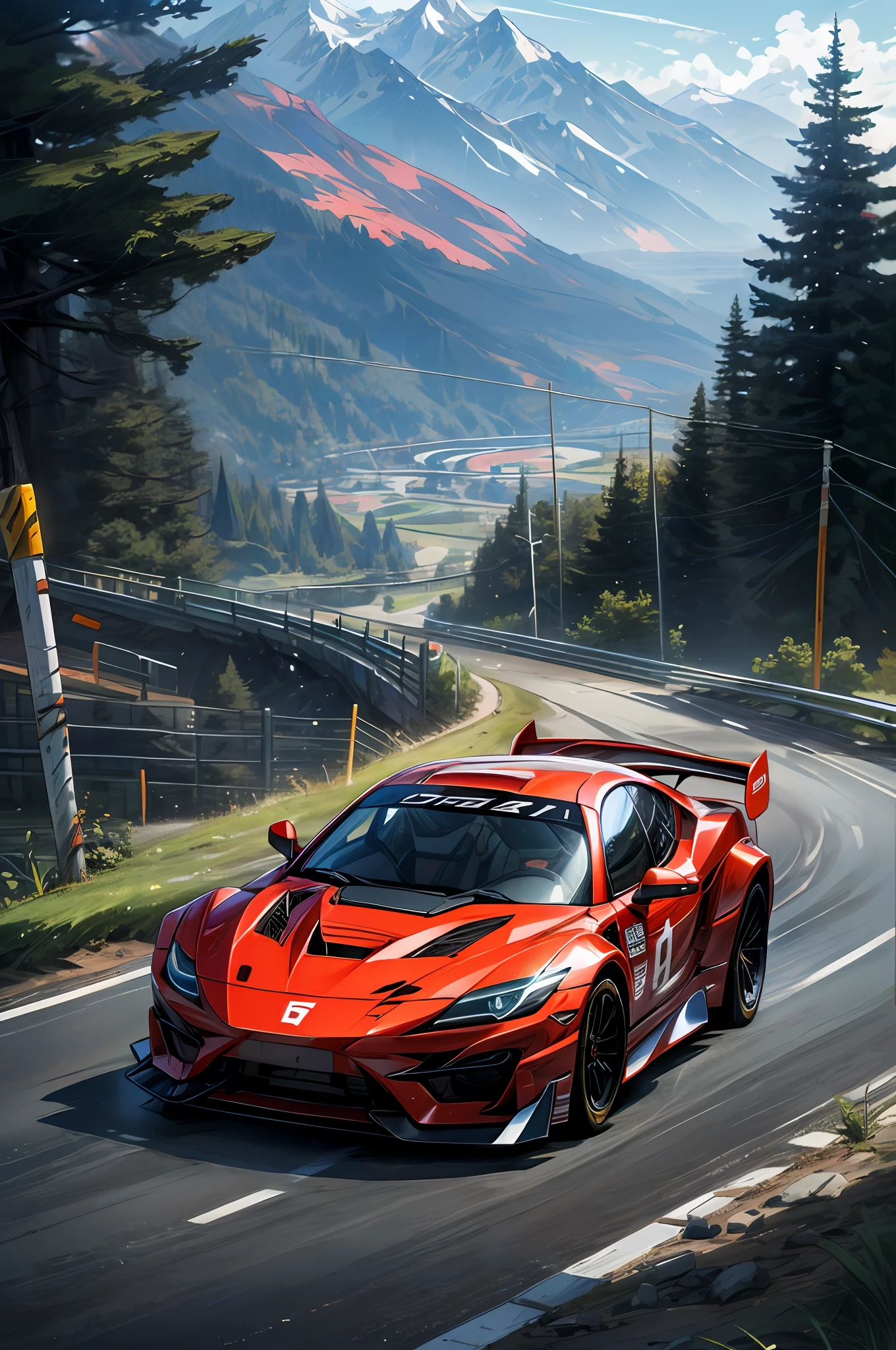 A sports car drift car has a colored light band behind the mountain road
