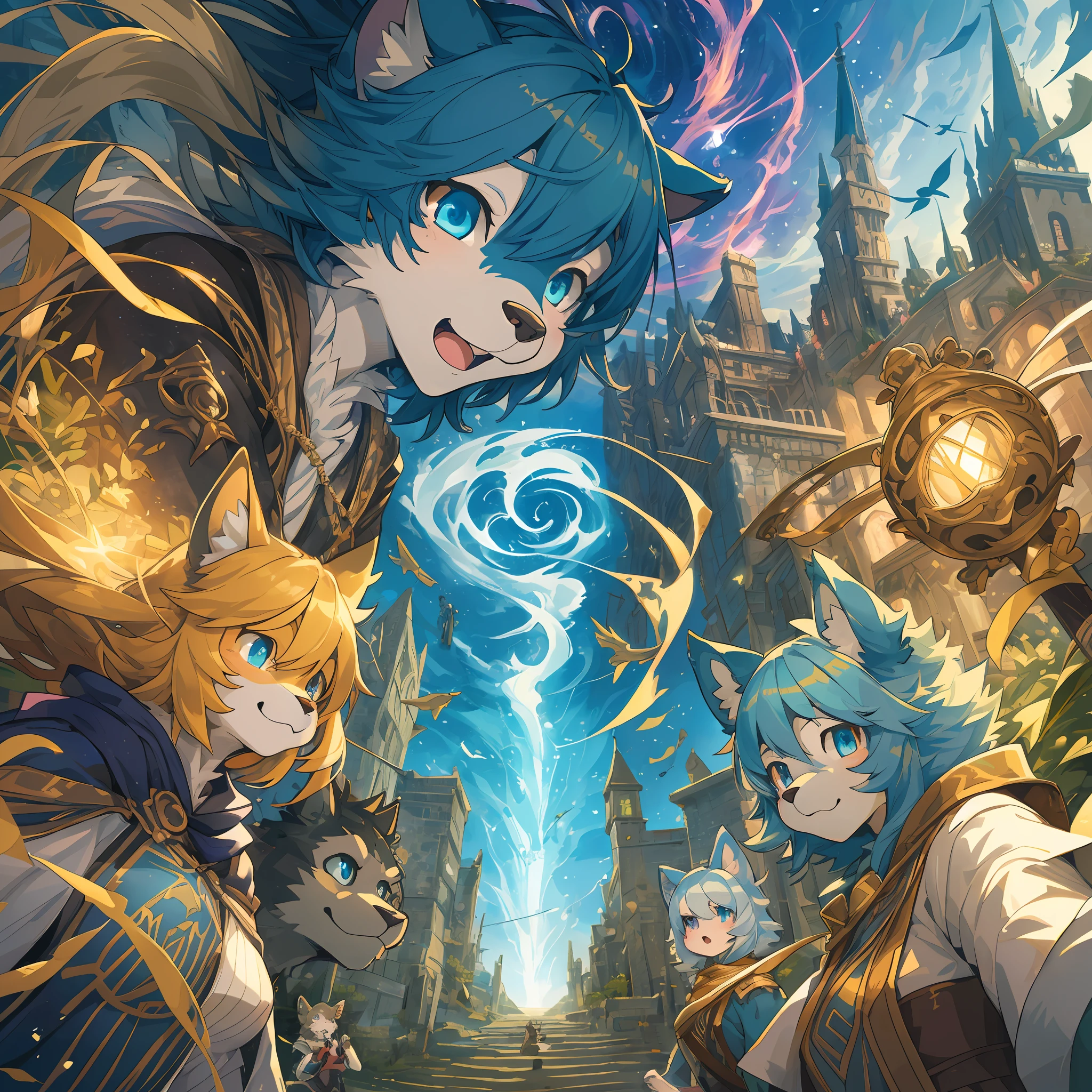 top quality, best quality, High-quality illustrations, masterpiece, super high resolution, detailed background, The Wonderful Wizard of Oz, 6+boys, 6+girls, absurdres(highly detailed beautiful face and eyes)perfect anatomy, expression, good lighting, cinematic shadow(kemono, furry anthro)assorted poses, dynamic angle,