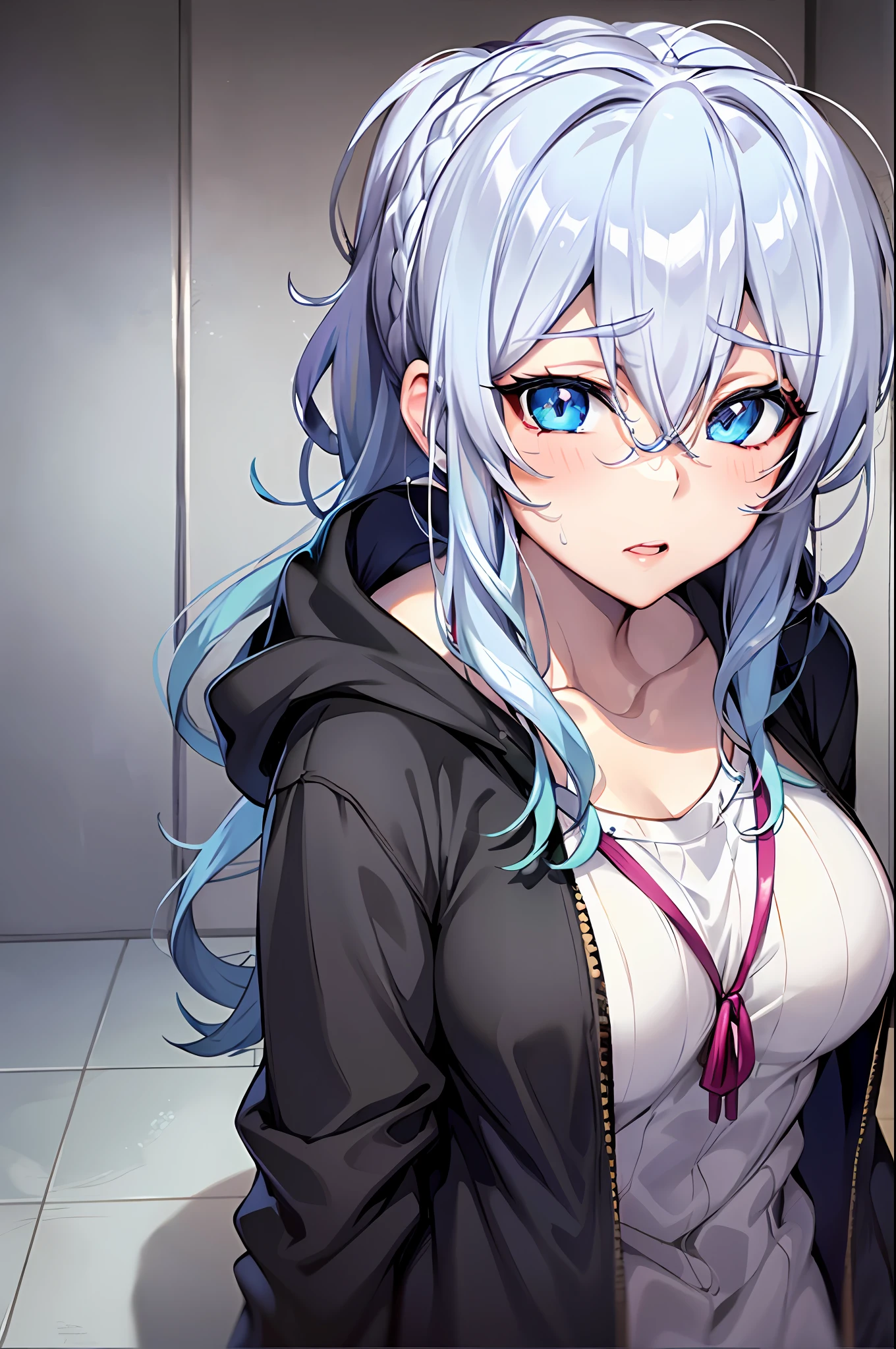 Yukino, Silver hair and  eyes in a black hoodie, anime visual of a cute girl, screenshot from the anime film, & her expression is solemn, ahegao face, in the anime film, in an anime, anime visual of a young woman, she has a cute expressive face, still from anime, perfect breast