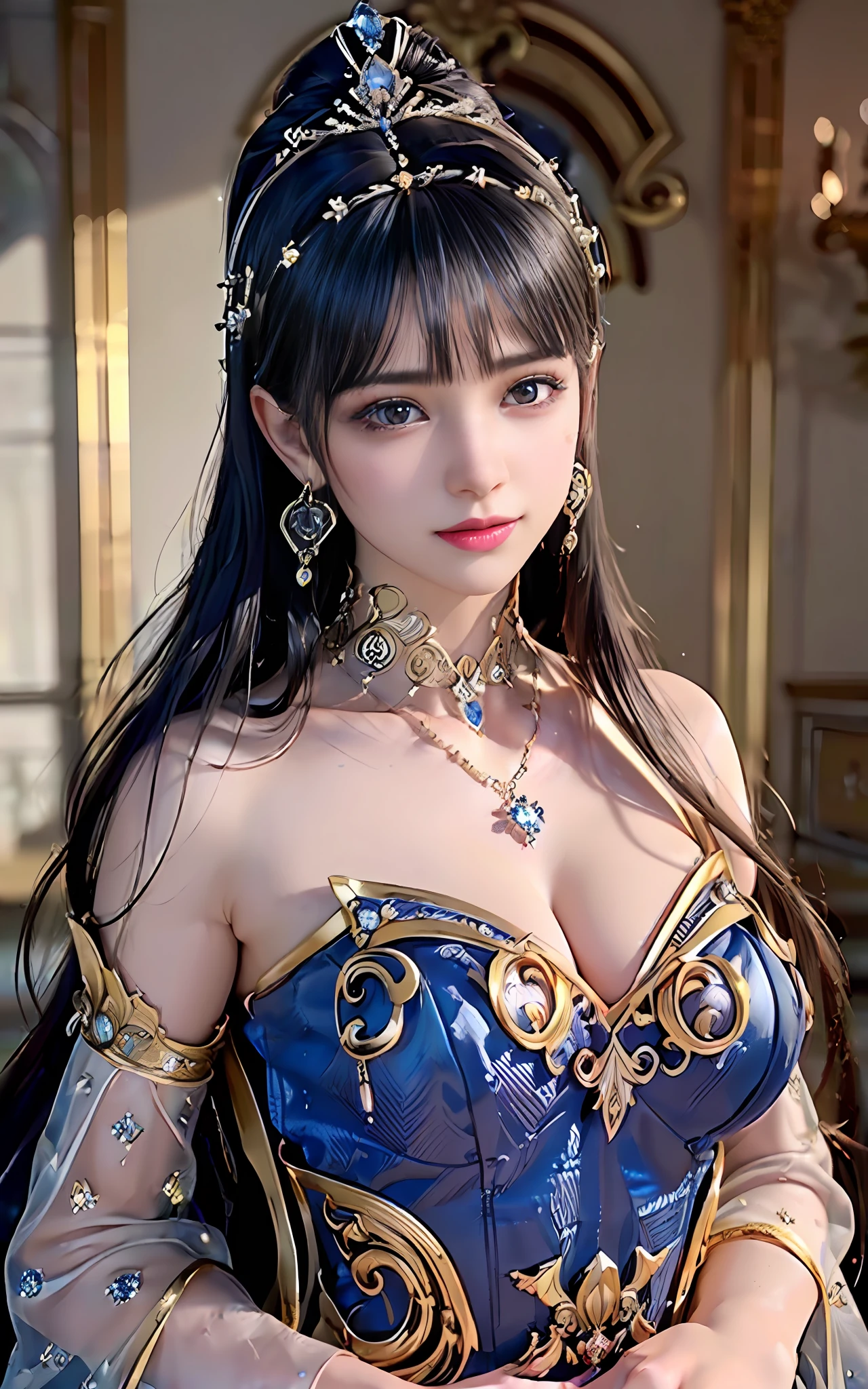 ((realisticity: 1.2)), ((best resolution: 8K UHD)), best quality,masterpiece,highres,cg,
((1 super detailed and super realistic girl)), ((very beautiful queen dazzling, super realistic, and super detailed)),((smooth, youthful, super realistic and super detailed skin)), long hair, ((super realistic and super detailed dress)), solo, ((super realistic, super beautiful, gorgeous and super detailed jewelry)), ((super beautiful, super realistic and super detailed dark blue and golden yellow dress)),
((super beautiful, super realistic, super detailed diamond filled earrings)),
((super beautiful, super realistic and super detailed diamond filled hair ornament)), ((super beautiful upper body, super beautiful, super realistic and super detailed)), ((big breasts: 2.5)),
((super grand, super realistic and super detailed royal palace backgroun))
((super beautiful, super beautiful, super realistic and super detailed hair bun)), ((super beautiful, super realistic and super detailed blue hair)),
candid, Photograph, high resolution, 8k,Bokeh,