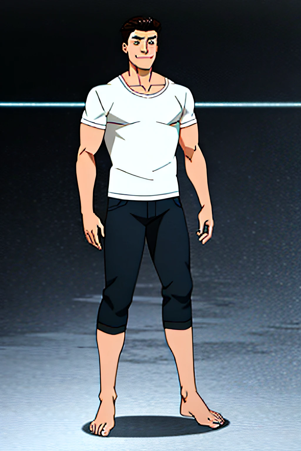 Invincible, Masterpiece, Boy in white T-shirt shorts, Barefoot, standing on your feet, Hold the key in your right hand, Snack in left hand,Male focus, Solo, Scar, Blue eyes, chest muscle, Smile, facing at camera, Inspired by Yang Yang, Lin Feng, Yi Yang Qianxi, he has short curly brown hair, grin, White background, 8k