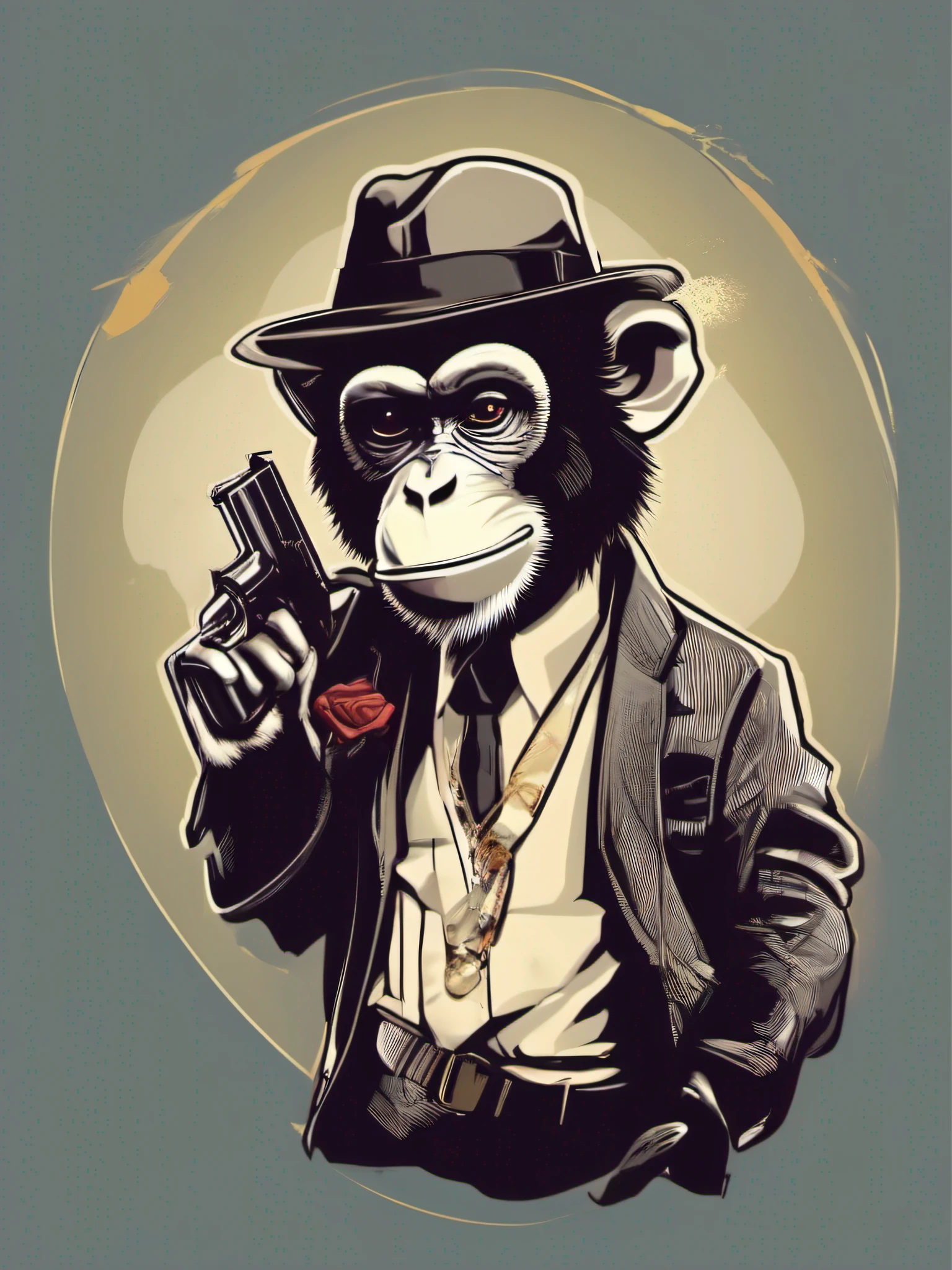 vector art of monkey dressed in gangster style with a gun, 50s style clothes, hat, Popular image, retro realistic cartoon style, t-shirt print style image