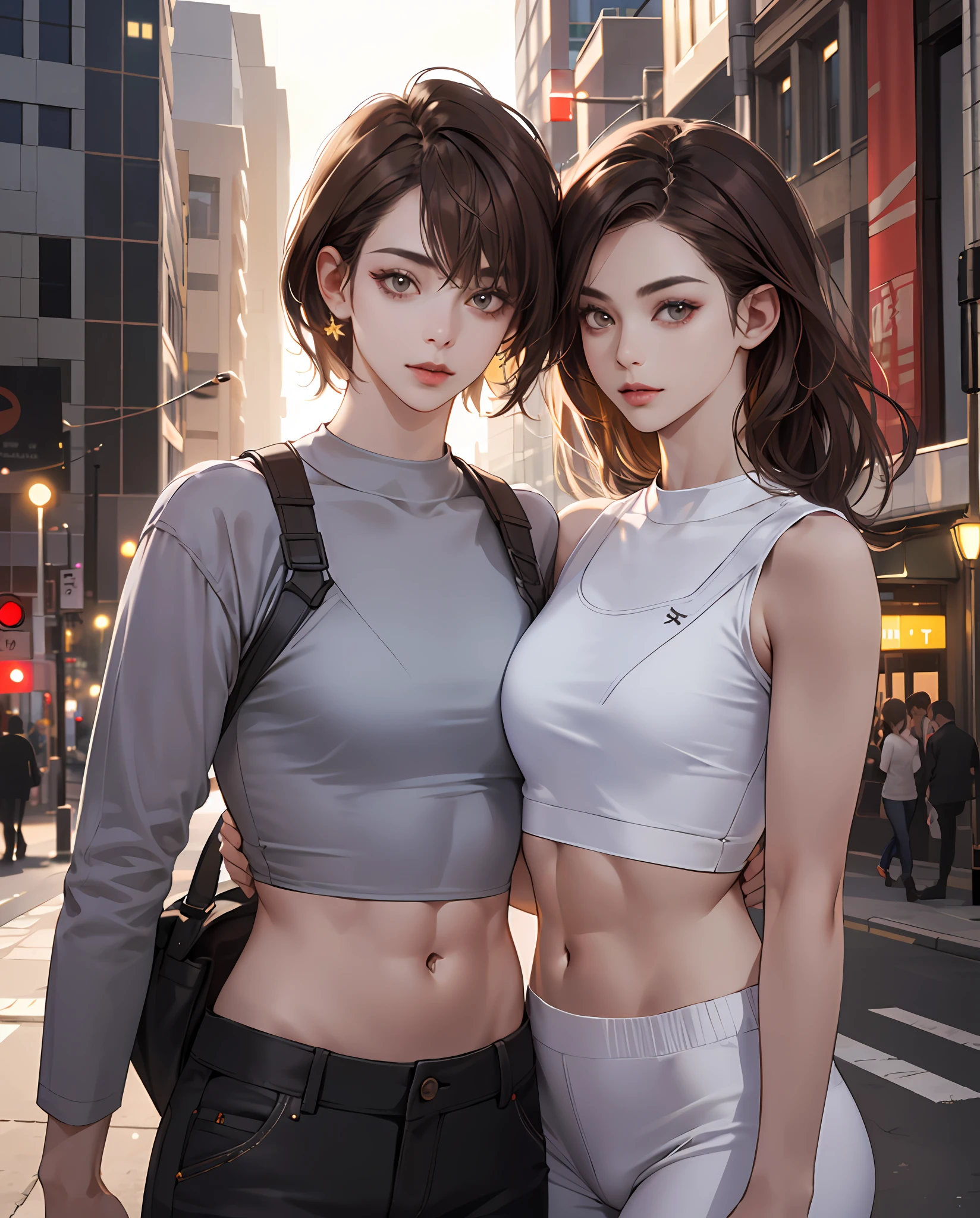 ((Realistic lighting, Best quality, 8K, Masterpiece: 1.3)), Clear focus: 1.2, 1girl, Perfect Figure: 1.4, Slim Abs: 1.1, ((Dark brown hair)), (White crop top: 1.4), (Outdoor, Night: 1.1), City streets, Super fine face, Fine eyes, Double eyelids,