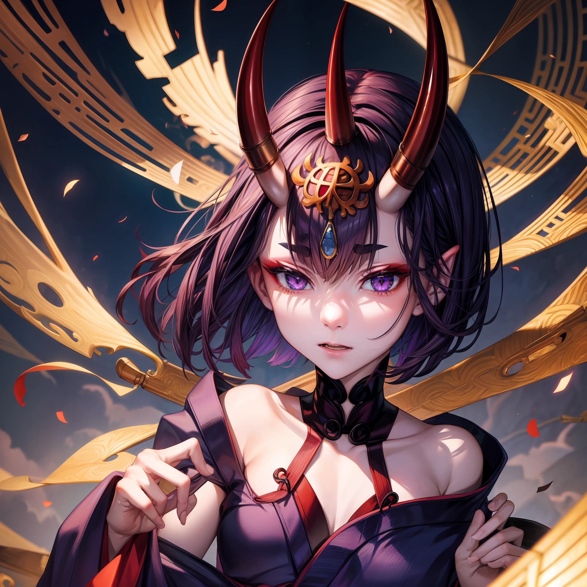 Shuten Douji from fate grand order, horns sticking out of forehead, pale skin, small body, ite, wearing open kimono, body exposed underneath, focused on face, pfp, amazing body, amazing face