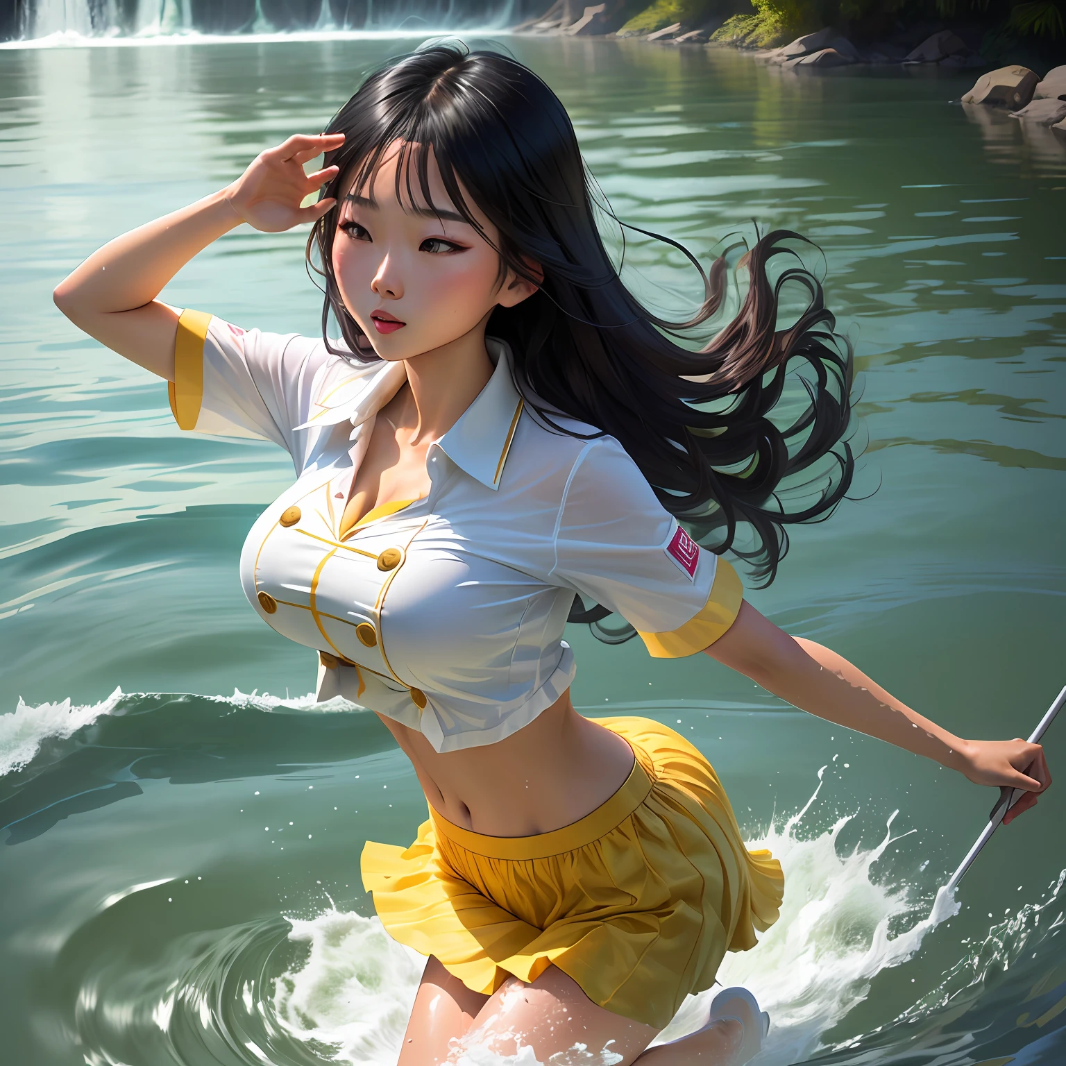 Big breasted asian girl dancing in water