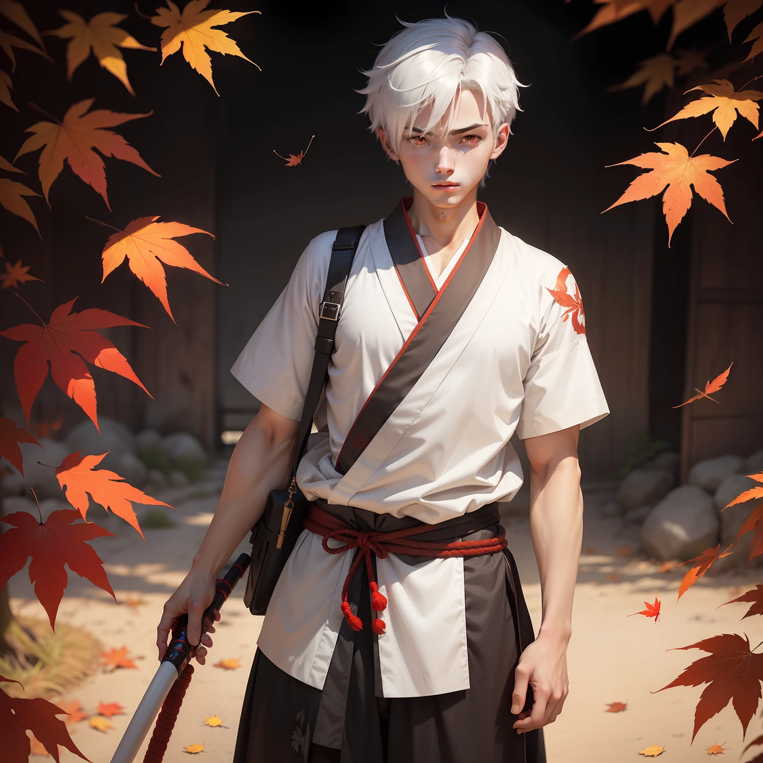 Libido boy,anime big breast,white color hair,Slightly red dye,Red eyes,ar old,r the costume of a Japanese ronin,Maple leaves fall in the background,Relatively thin,largeeyes,Wears white loose short sleeves