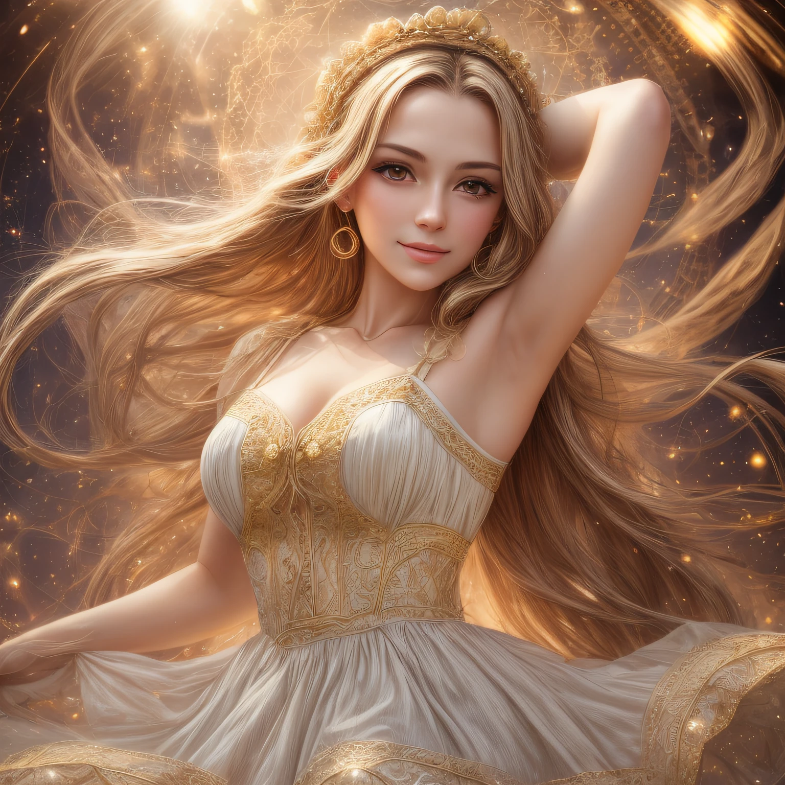 best quality, masterpiece, upper body,
(adult:1.6) hungarian woman, (smirk:0.4), arms behind head,
braided golden hair,
sparkling eyes,
victorian sundress,
floating light particles, centered,