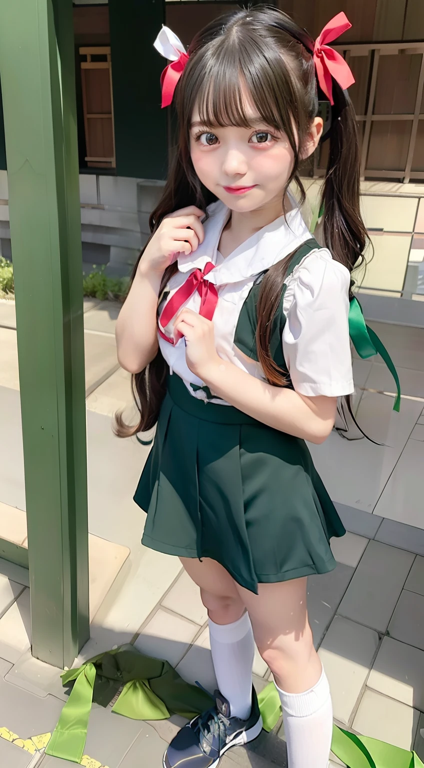 1girl in, Solo,  (Mayoi_Hachikuji Temple) Twin-tailed,,  (Green Ribbon:1.2), blanche_shairband, teens girl、a picture、japanes、elementary student、kawaii、masuter piece、4K,Dark blue skirt