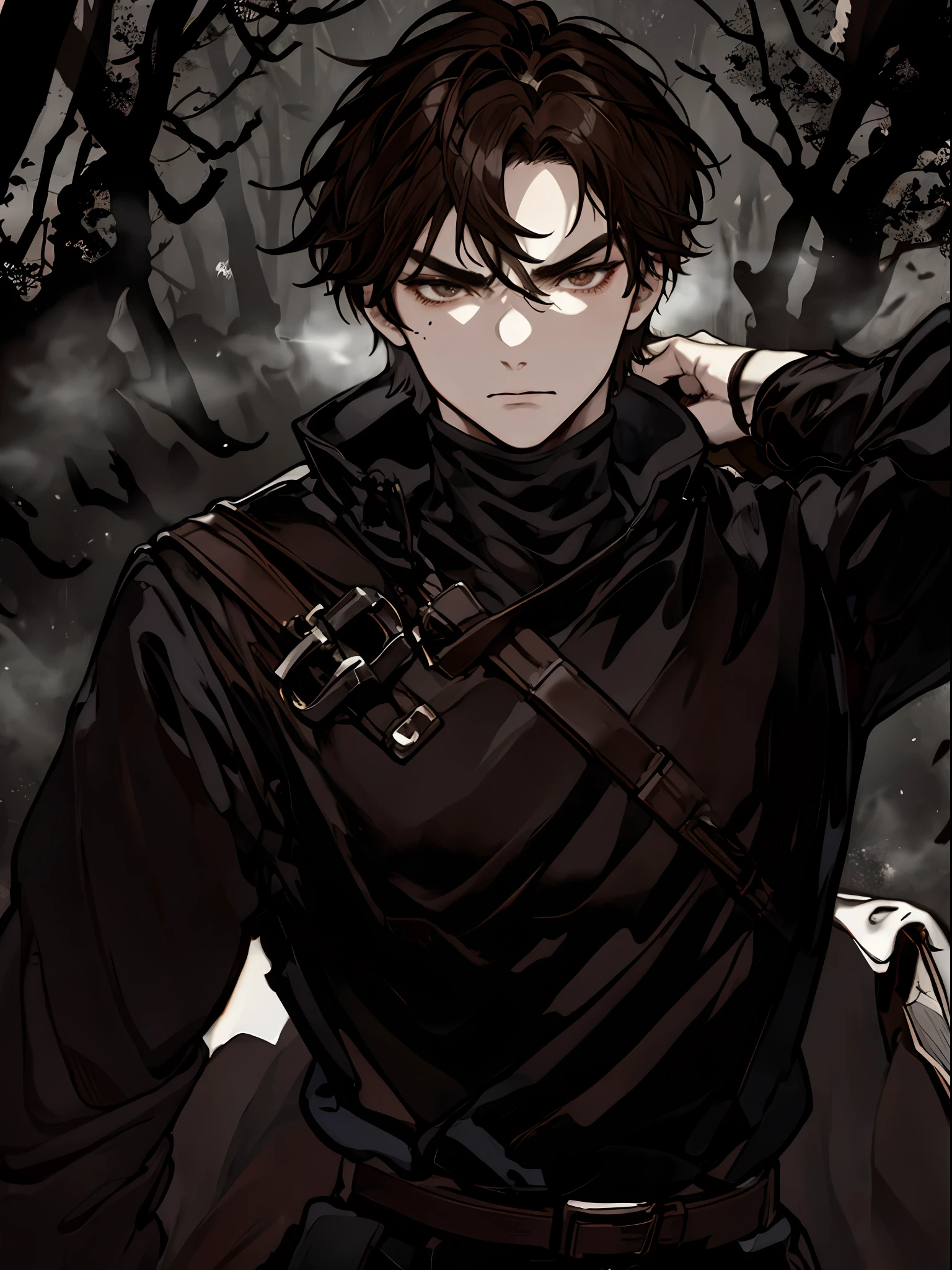 Anime cover, 1 man, portrait, rough brown hair, brown eyes, thick black eyebrows, intimidating expression, background has a foggy forest, mist, looking at viewer, dark atmosphere