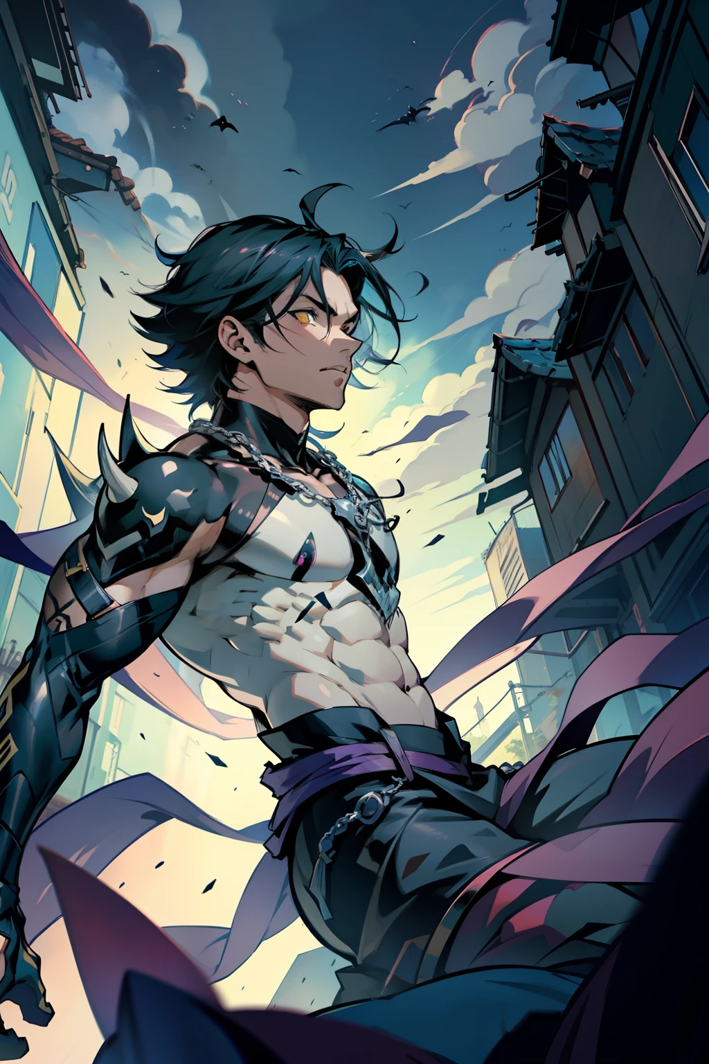《the original god》Arataki Kazuto , male people,,((Masterpiece)), ((Best quality)), Ultra detailed,((illustration)), Dynamic Angle, Detailed light, (Delicate eyes), Floating, 1boy, Male focus, Head, Clothing, Yellow eyes, necklace, tattoo, (Forehead:0.8), (ahoge:0.8), jewelry, apathy,Ray, chest muscle, Sexy , Venom symbiote for your body, Black mucus of the body , (into venom), Venom,frontage,style of anime4 K, 4K anime wallpaper, Badass anime 8 K, 4 k comic wallpaper, young anime man, Anime boys, Anime wallpapers 4 k, Anime wallpaper 4K, High quality anime art style, Anime moe art style, Anime art wallpaper 8 K, Anime art wallpaper 4 K, RGB lighting