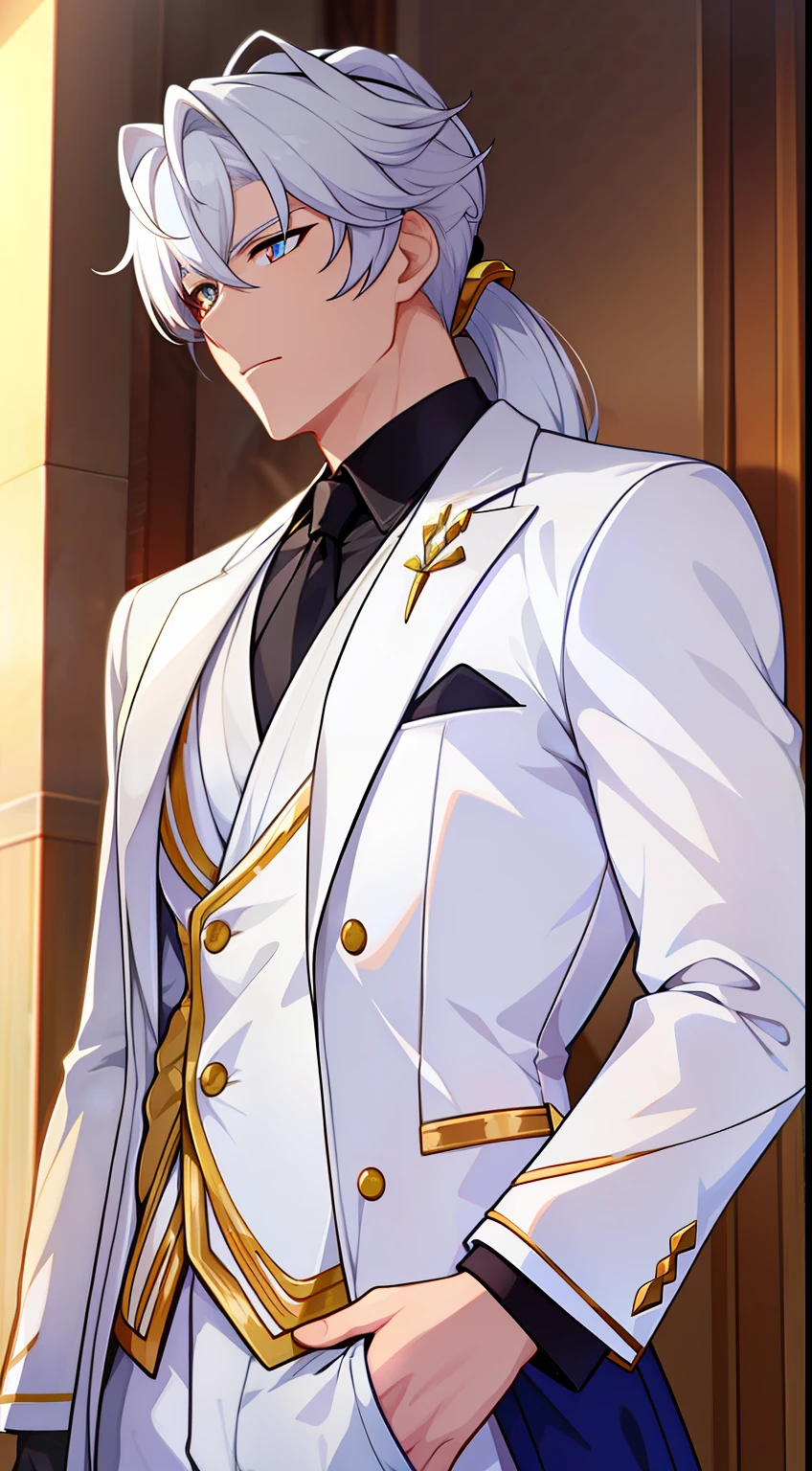 Grown-up guy, white colored hair, high ponytail, golden eyes, white suit with gold elements, Masterpiece, hiquality