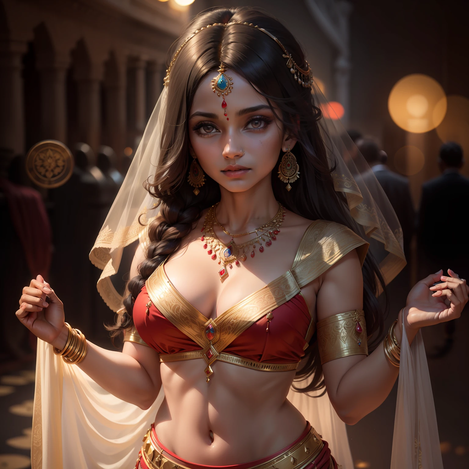 Best quality, masterpiece,an Indian lady,hair ornaments, necklace,wear saree, upon body(detailed),4k,dark light,Bokeh,8k,