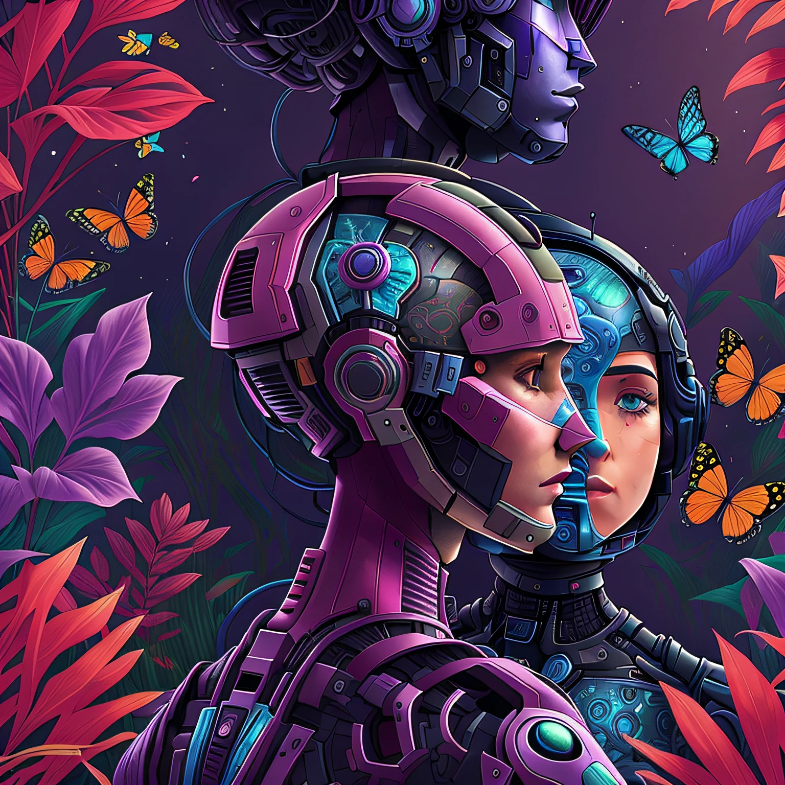 A man and woman in a colorful garden，Flowers and butterflies on purple background，Blue Robot, Android Jones, Ex Machina, afro futurism, Poster art