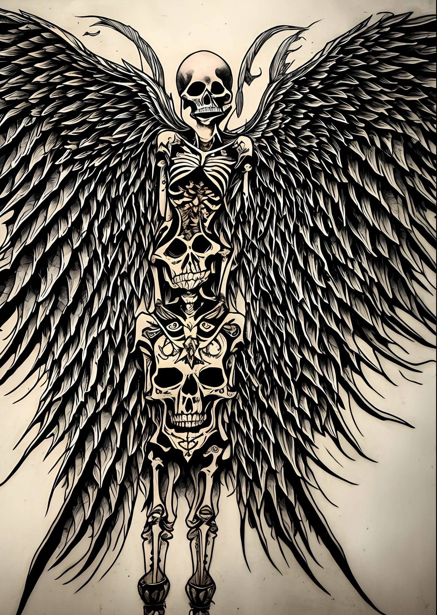 With a tattoo on her back, the six-winged angel woman embraces her arms and her feet are full of skeletons