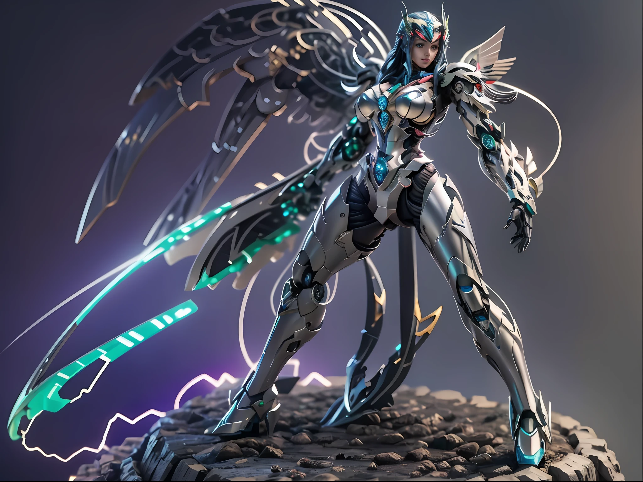 Mecha beauty figure made of purple and green,Flyover take-off capture,The face is perfectly depicted,Mecha lines are perfectly depicted,Metal wing detail at back,3Drenderingof
