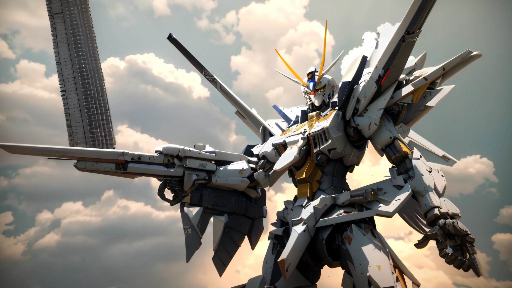 a close up of a robot with a sword in its hand, 3 d render n - 9, alexandre ferra white mecha, cool mecha style, rendered in keyshot, armored core style mecha, white color mecha, Extreme Gundam, hyper detailed 3d render, hyper detailed 3d render, anime styled 3d, with 3d render