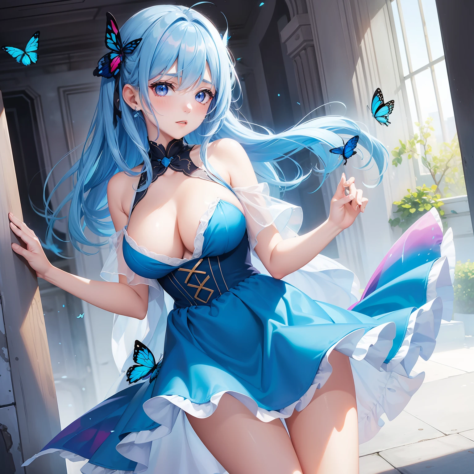 a women, blue butterfly, blue hair, pink eyes, blue dress