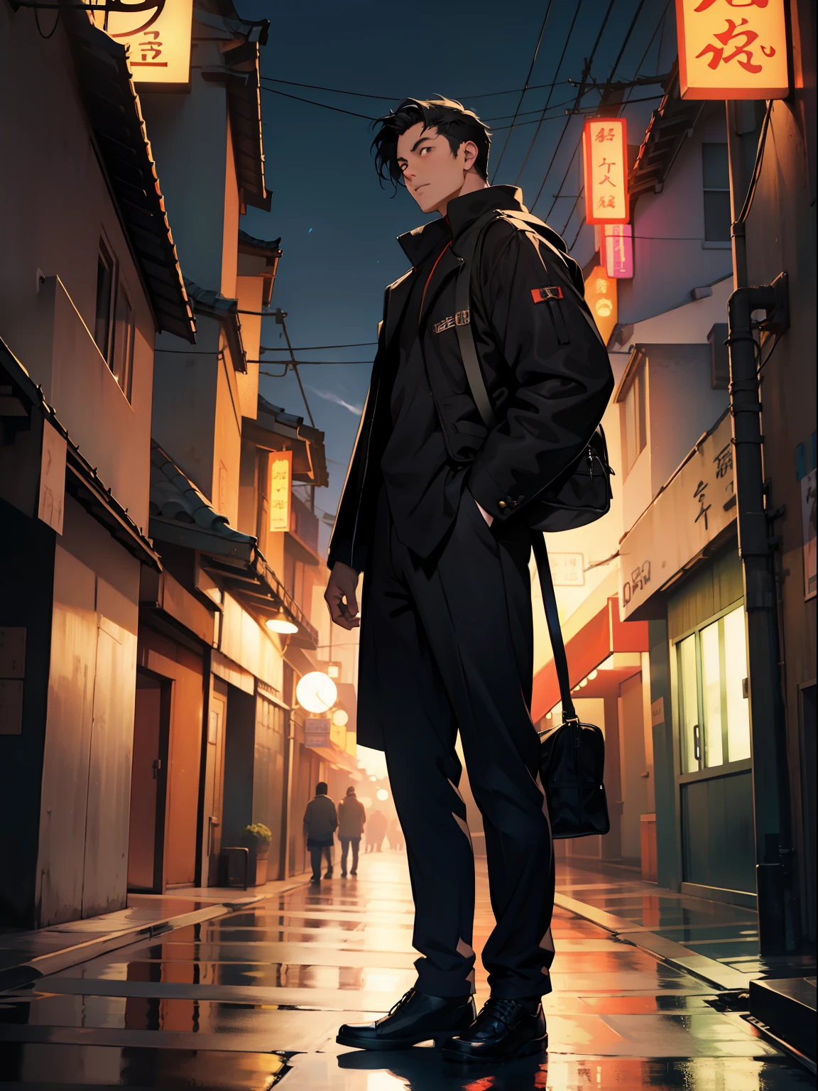 of a guy,Douluo,with short black hair,standing on your feet,the night