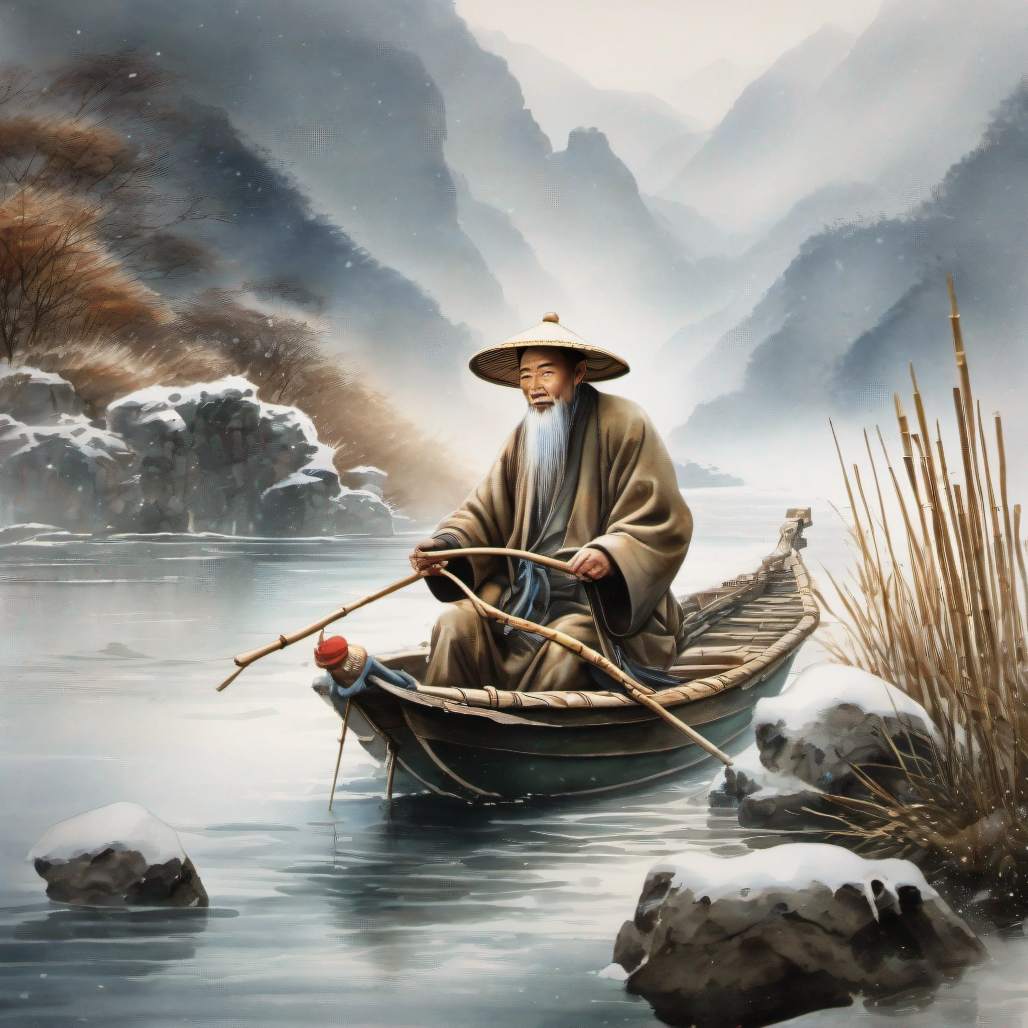 white backgrounid,An chinese old fisherman wears a bamboo hat and a chinese straw rain cape,Sit in a small boat,Fishing,drifting snow,Heavy snow covers the mountains,(watercolor:1.3),(high qulity,high detal,Master masterpieces,Perfect artwork,8k:1.5)