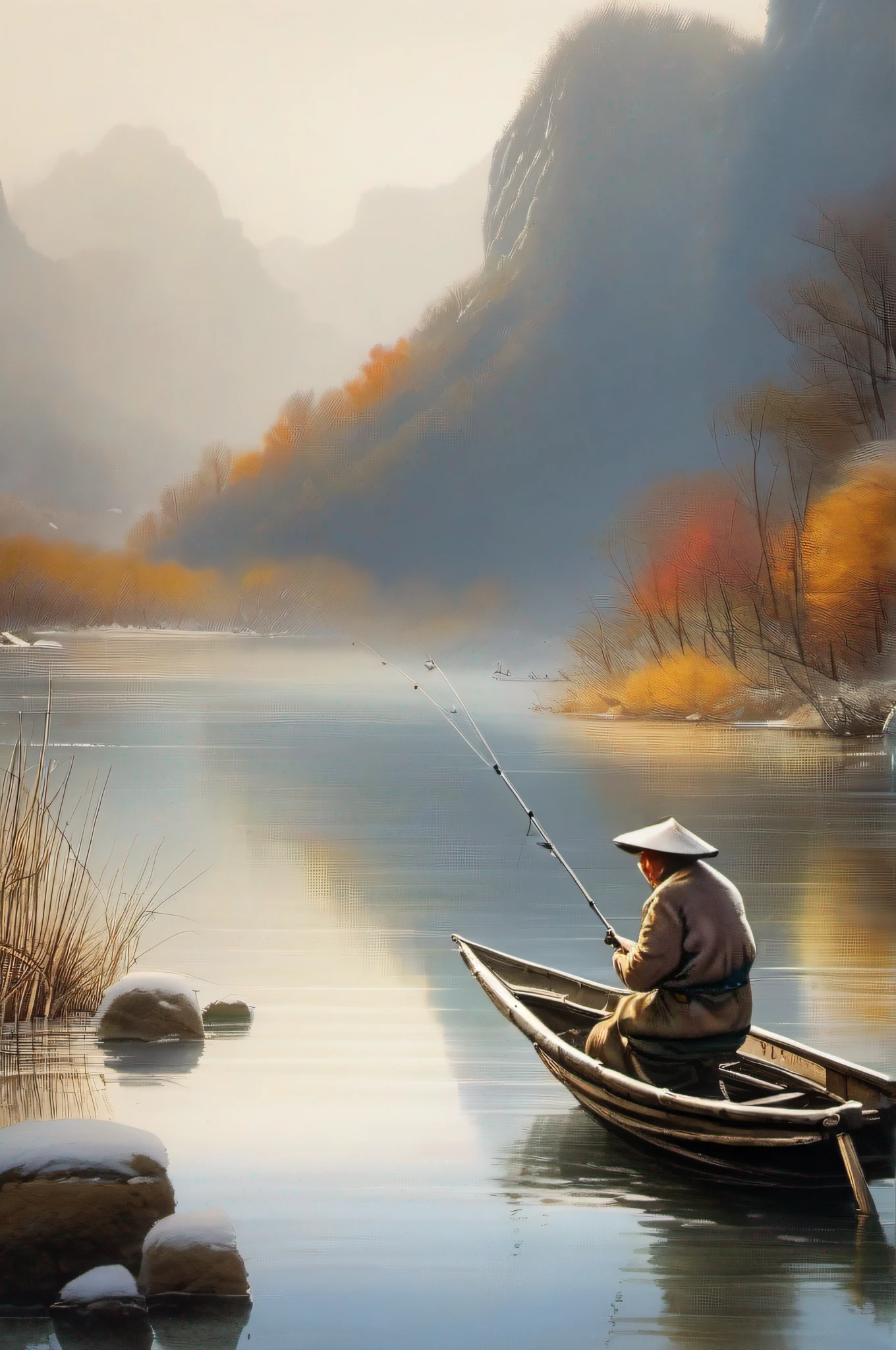（ink and watercolor painting），（Chinese landscape painting，Heavy snow in winter），（An old man fishing on a boat, Dong Qichang super fine detail painting, Instagram,  Chinese painting style, ink and watercolor painting  , Traditional Chinese art, qi sheng luo, Traditional Chinese painting, Traditional Chinese Ink Painting, Chinese style painting, Chinese ink painting, Chinese painting, bo xun ling），（1 old man in a straw hat fishing in the river：1.4，Lonely boats，Fishing alone in the cold river snow），（White background，rich colours），（Defocus，Out of focus，softlighting，电影灯光，Skylight，hyper HD）
