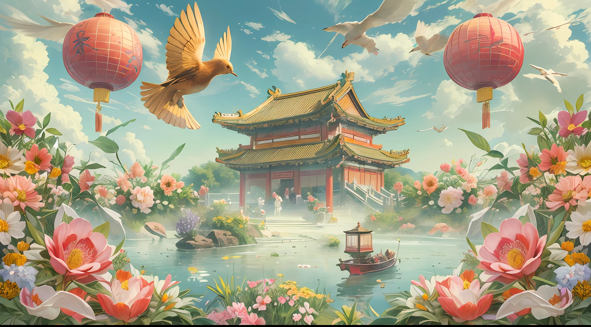 ((Best quality)), ((masterpiece)), (highly detailed:1.3), 3D, (Chinese currency), flying, flower garden, sunlight