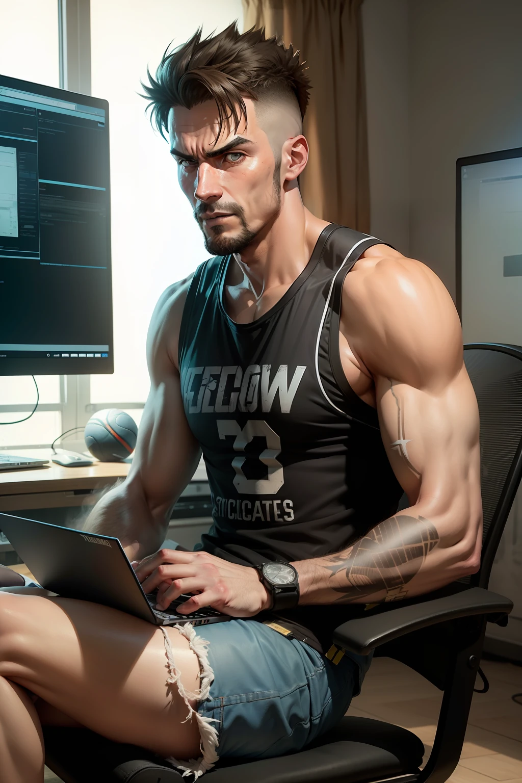 A man wearing a tattered basketball vest plays beamng on a computer