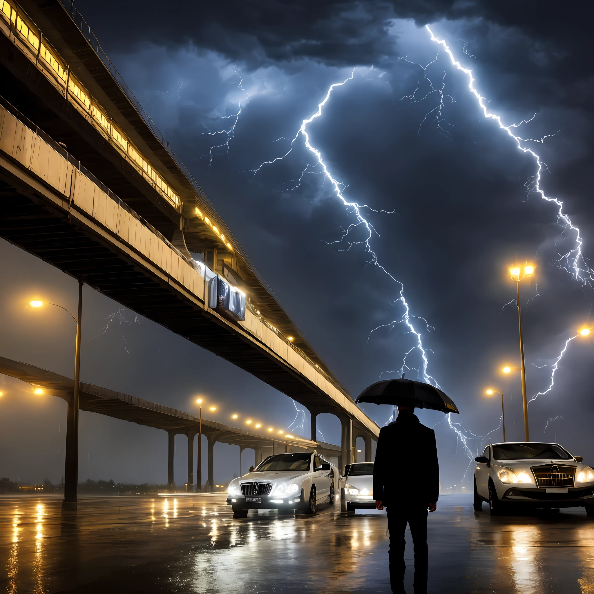 Rainy Night Heavy Rain Storm Viaduct Maybach Man Knife Odin Lightning