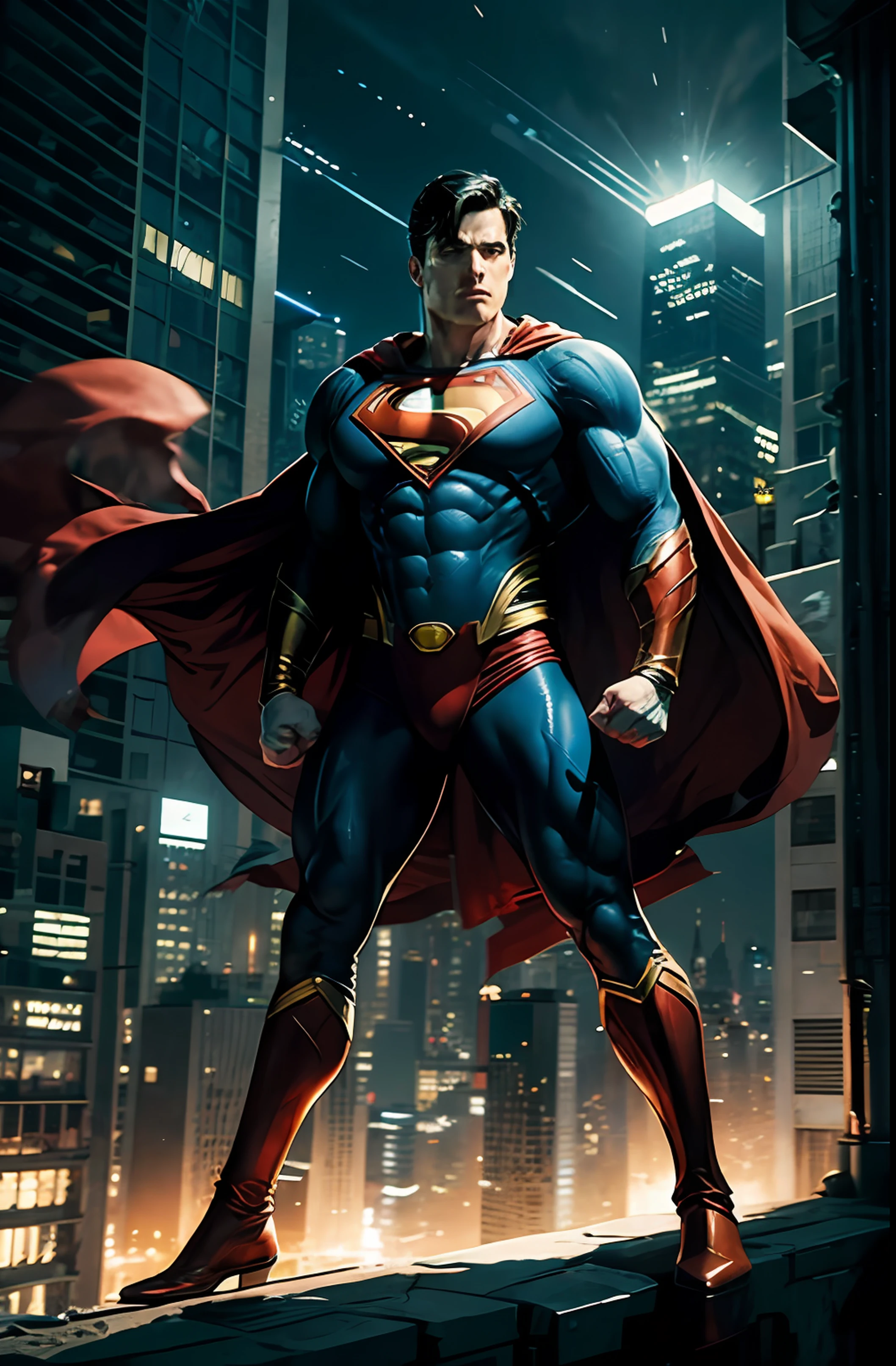 Superman, big and very muscular body, 4k, standing on a building in Gotham city, at night, spot lights shinning up on him,   hugh jakeman face, wind blowing the red cape, angry, fists are closed, dark costume