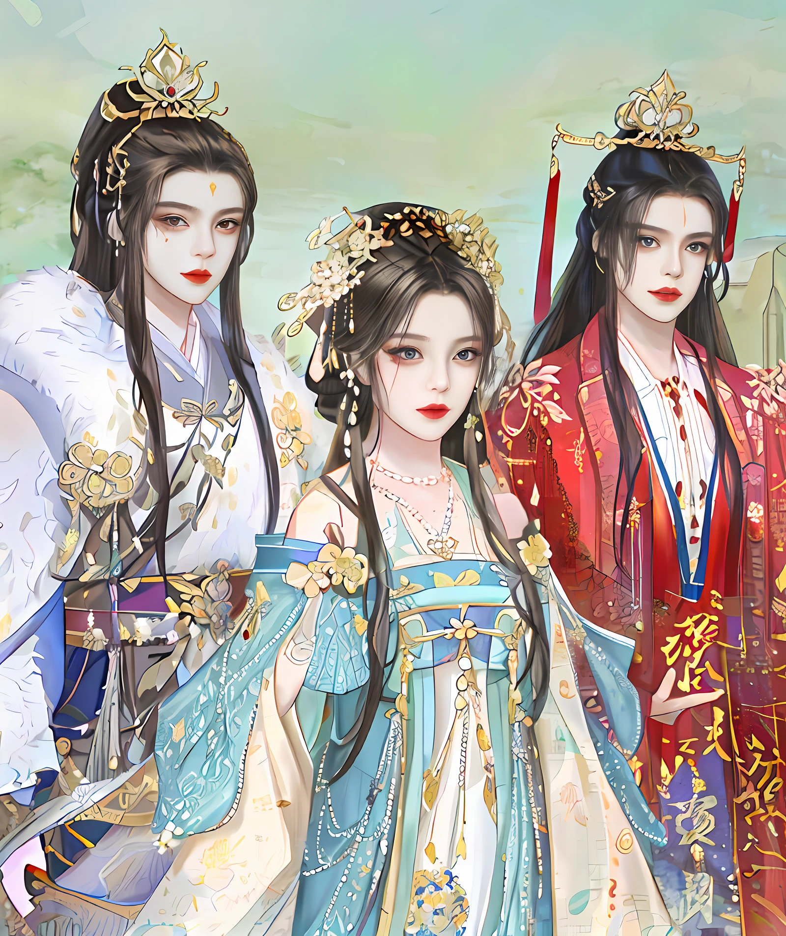 Works of masters,It is engaging and beautifully composed,Enough to be a masterpiece。The painting is undoubtedly super detailed,Best picture quality,Higher quality,high detal, 超高分辨率, 8K分辨率, depth of fields, cinematic photogtaphy, intricately details, carefully, meticuloso, glorious, max detail, extreme beautiful, (((1girll, 独奏))), A picture, tmasterpiece, (Best picture quality), Higher quality, high detal,An Asian woman in traditional dress stands side by side, On each side are two men dressed in traditional Asian clothing。,a beautiful fantasy empress, full-body wuxia, xianxia fantasy, ((a beautiful fantasy empress)), from three kingdoms, Inspired by Seki Dosheng, inspired by Luo Mu, imperial royal elegant clothing, Chinese fantasy, chinese three kingdoms, Inspired by Zhao Yuan, inspired by Zhang Wo