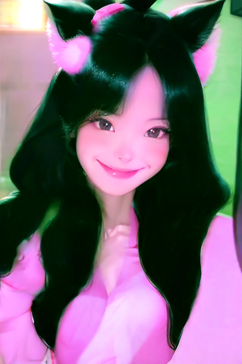 hair bobbles, wince, longeyelashes, solid circle eyes, fake animal ears, light smile, ear blush, fang, hair spread out, shiny hair, black hair, bangs, tongue out, licking lips, full blush, seductive smile, naughty face, torogao, Surrealism, drop shadow, anaglyph, stereogram, tachi-e, pov, atmospheric perspective, 8k, super detail, ccurate, best quality