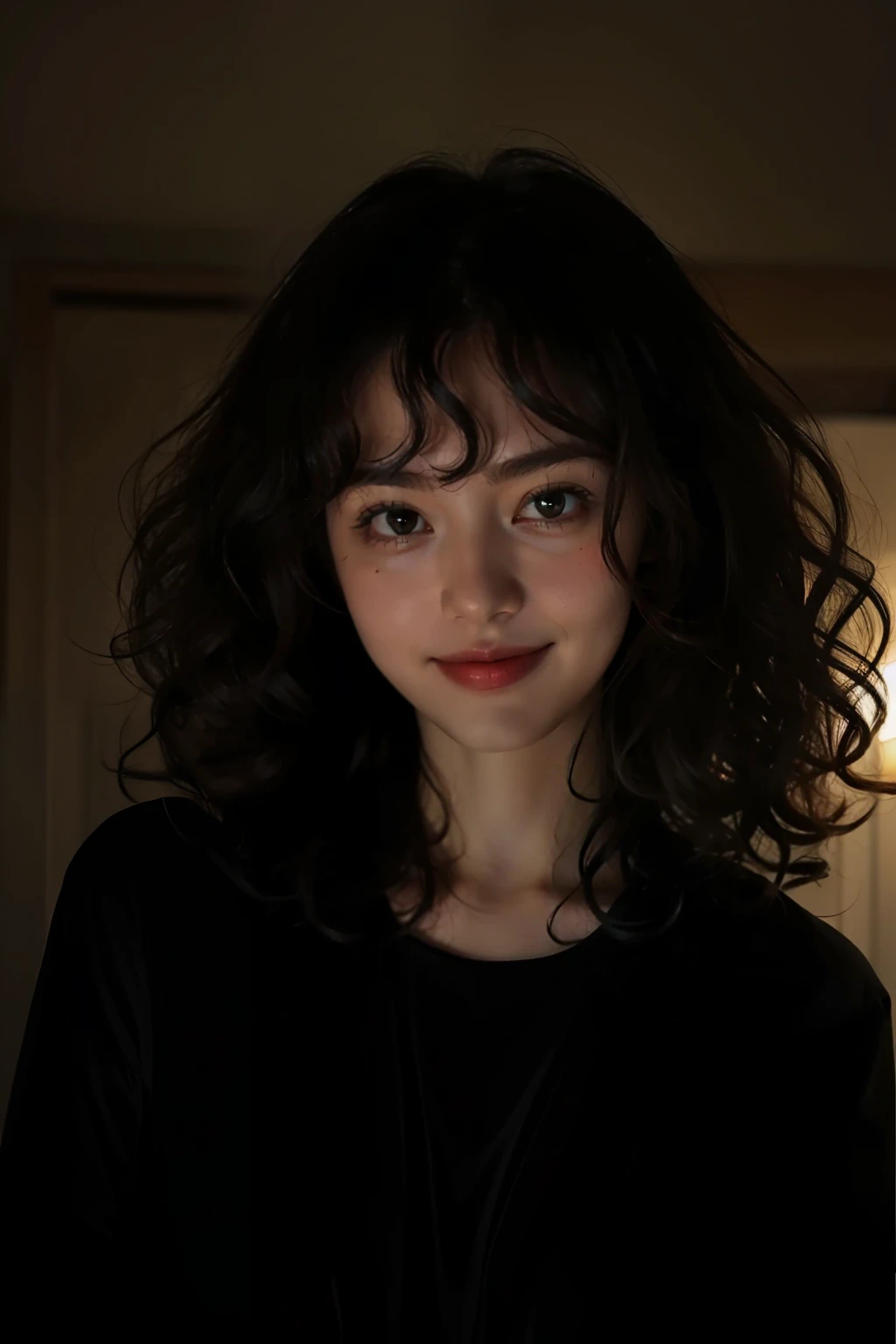 1girll,fake smile,Curly hair,In the dark,deepshadow