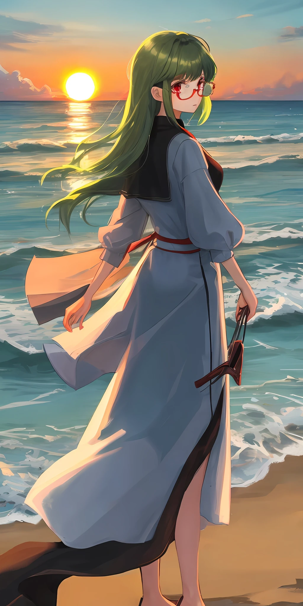 setting sun,beachside,blacksilk,Green hair,red framed glasses