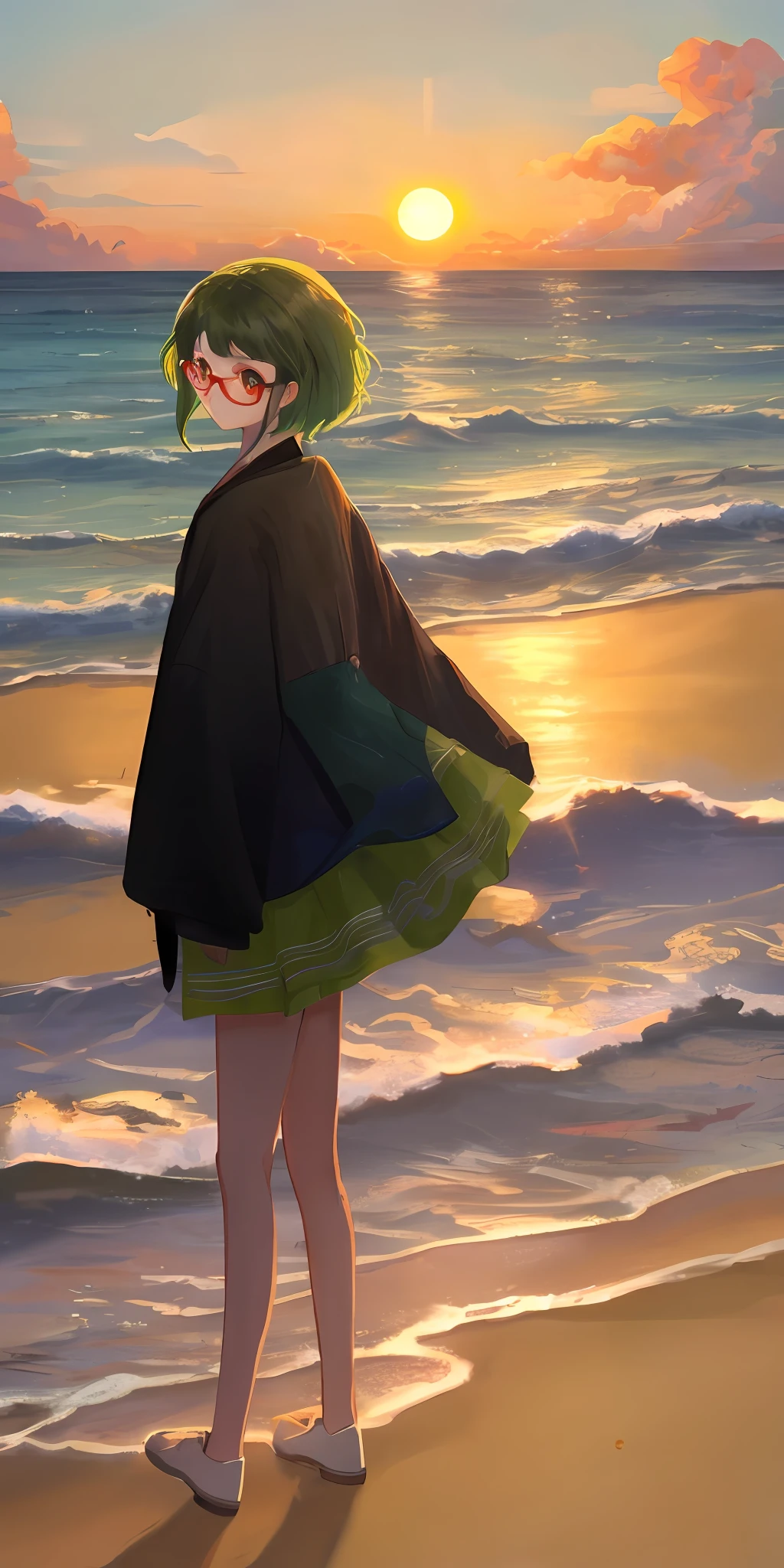 setting sun,beachside,blacksilk,Green hair,red framed glasses