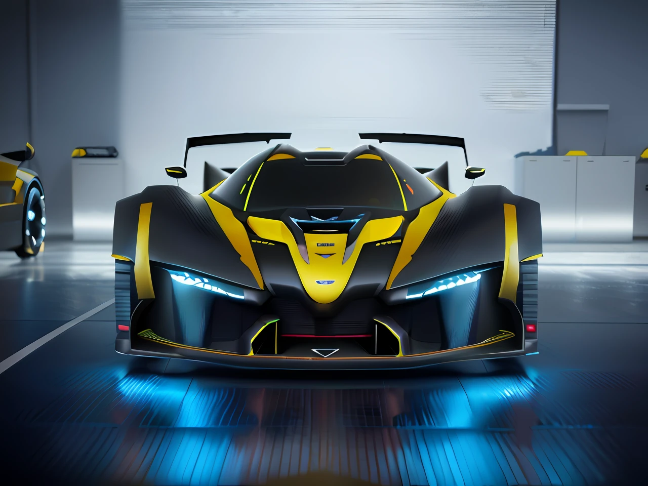 Close-up of a yellow and black car in the garage, nvidia omniverse, futuristic suzuki, veneno, Futuristic car, Very futuristic, cinematic front shot, Futuristic car, extreme render, Futuristic concept car, NVIDIA octane number, nvidia ray tracing, Front perspective, 8k octane 3d render, render octane, futuristic vehicle,