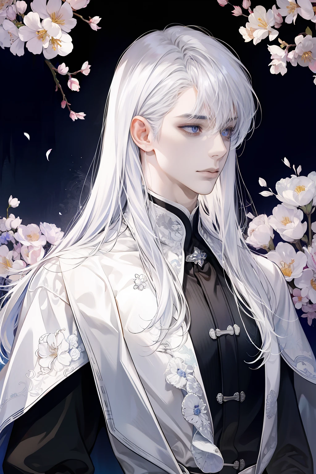 (absurderes,A high resolution,ultra - detailed), 1 man, AS-Adult, Handsome, Tall muscular man, a broad shouldered, finely quality eyes, Very long hair, White hair, wavey hair, blossoms, Diamond, jewely, trpical garden, ln the forest, sportrait, Keep one's mouth shut,a sense of atmosphere,Light,orthofacial,Frontal lighting