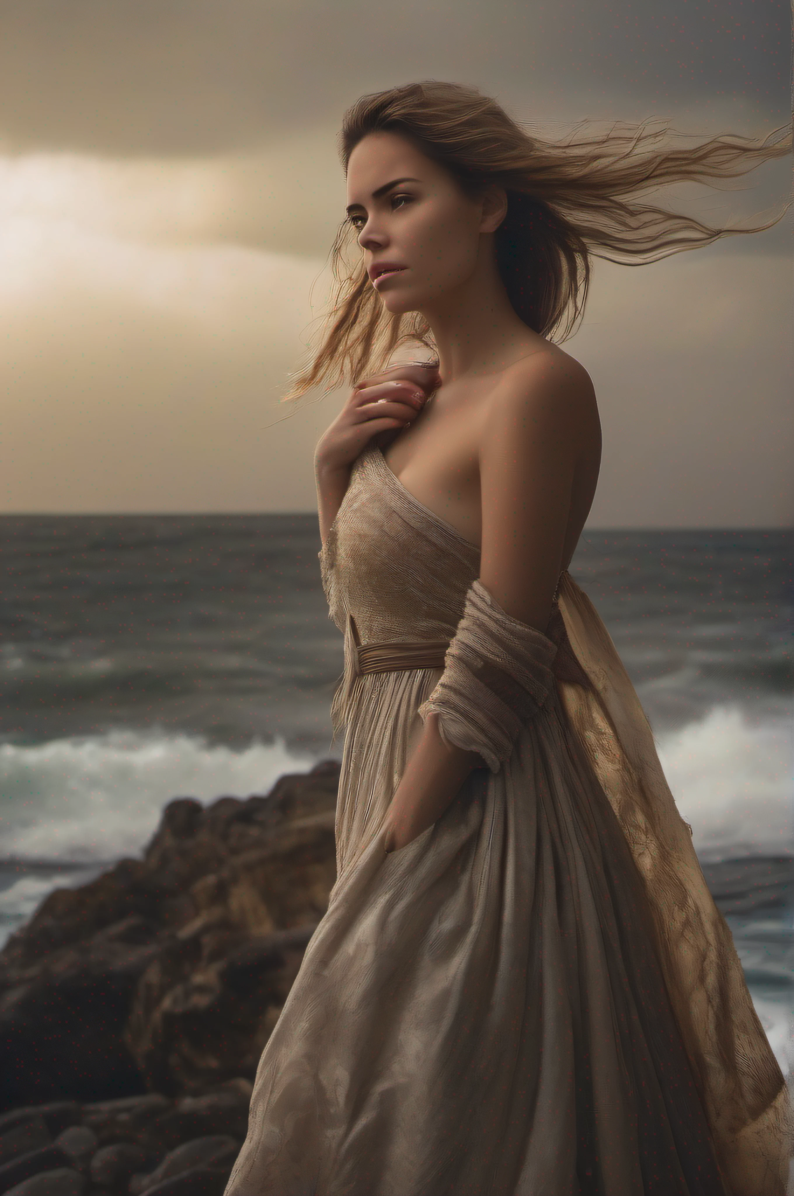 pretty young woman standing facing the
sea, standing on rocks overlooking rough
seas, wearing a long medieval dress,
struggling against a stormy wind, late
afternoon, sun near the horizon and
stormy sky, brown hair, messy hair, wide
eyes, expressions, sulking, high detail,
cinematic lighting, god rays, ray tracing,
Eye-Level Shot, f/16, 35mm, Canon, wide
shot, perspective, panorama, atmospheric
perspective, from side, masterpiece,
anatomically correct, high details, highres,
8k