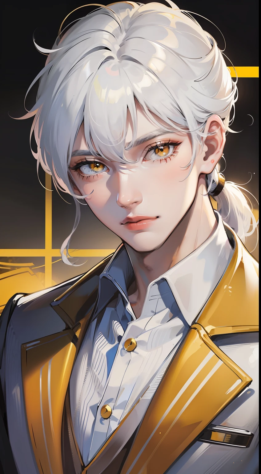 Grown-up guy, white colored hair, high ponytail, golden eyes, white suit with gold elements, Masterpiece, hiquality
